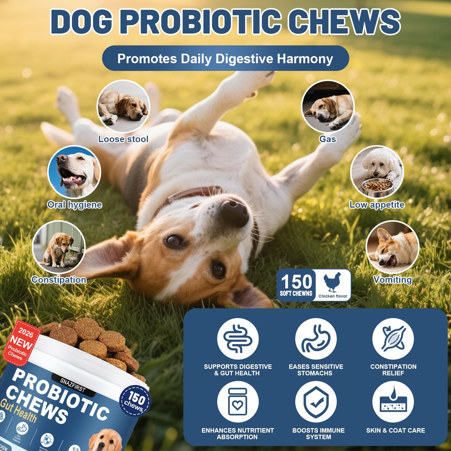 SnazFirst Probiotics for Dogs, Dog Chews 150 CHEW, Brown