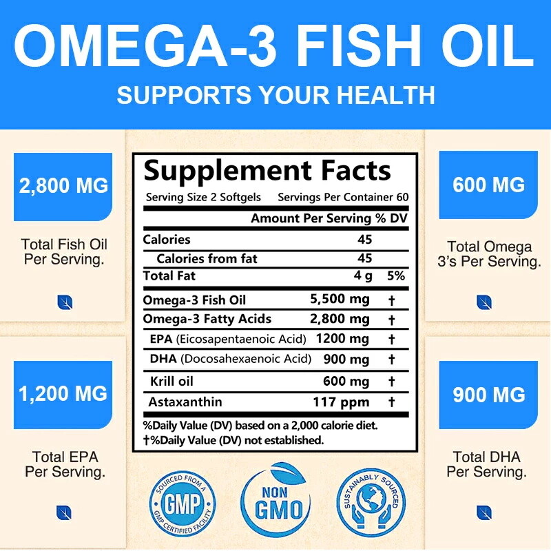 Omega 3 Fish Oil 5500mg 30/60/120Capsules; EPA/DHA Support Heart, Brain, Eyes