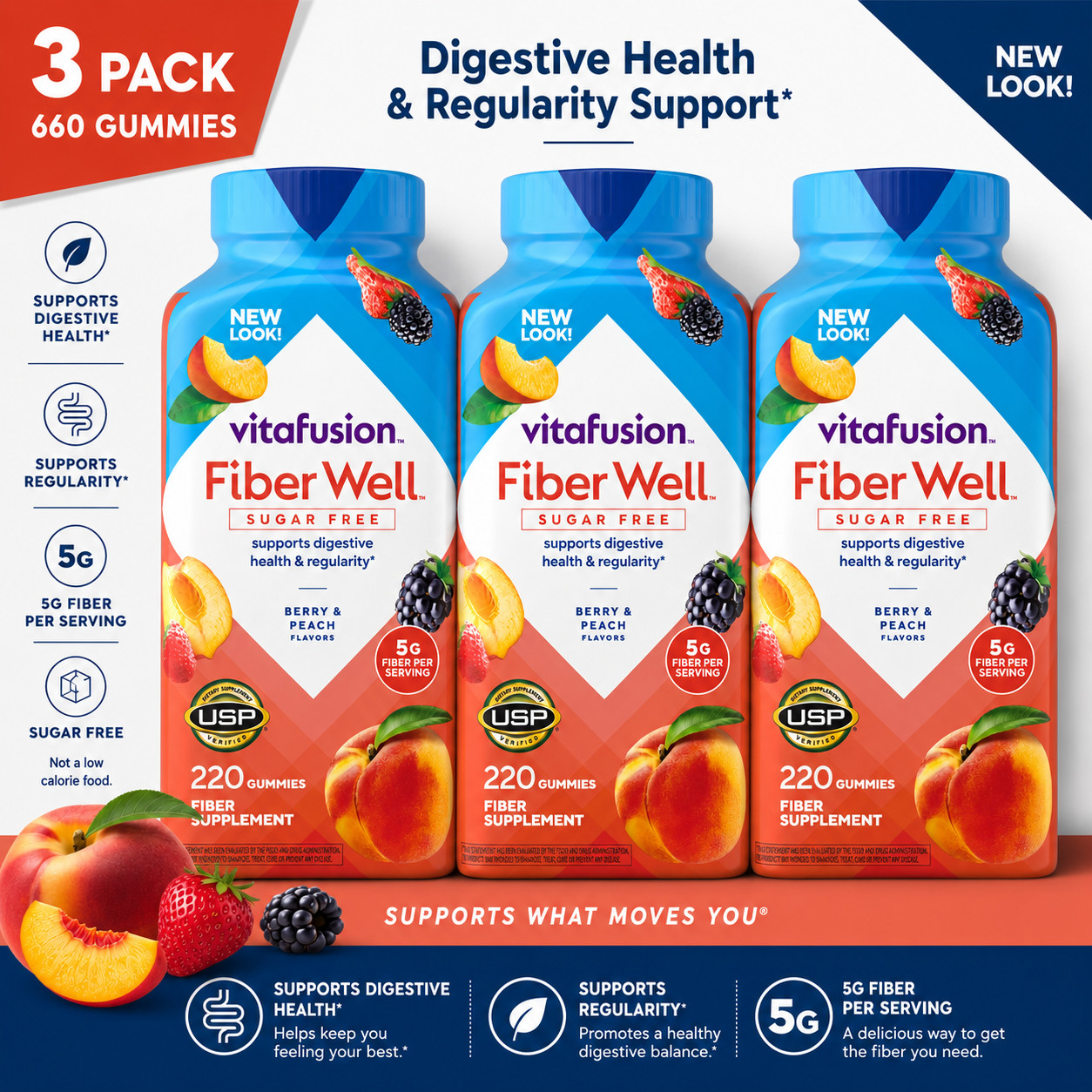 3-Pack Vitafusion Fiber Well Sugar Free Gummy Vitamin Supplement, 220 ct.