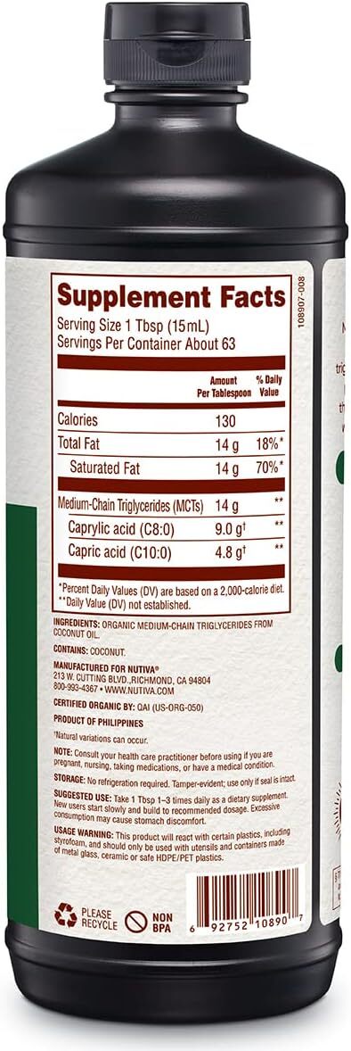 Nutiva Organic MCT Oil Unflavored 32 Oz USDA Organic Non-GMO Neutral Flavor USA