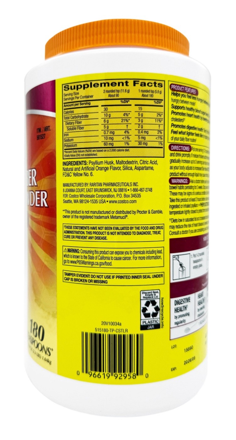 Kirkland Signature Psyllium Fiber Sugar Free Powder Orange 2×180 Dose EXP 02/28