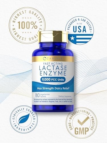 Max Strength Lactase Enzyme Tablets 9000 FCC | 180 Pills | Fast Acting Dairy Rel