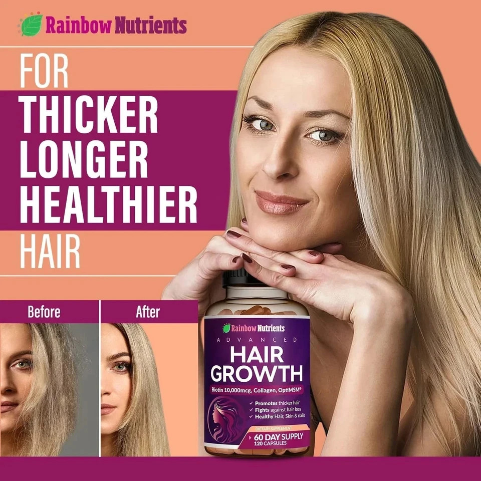 NEW Rainbow Nutrients ADVANCED Hair Growth Vitamins – Biotin 10,000mcg, Collagen