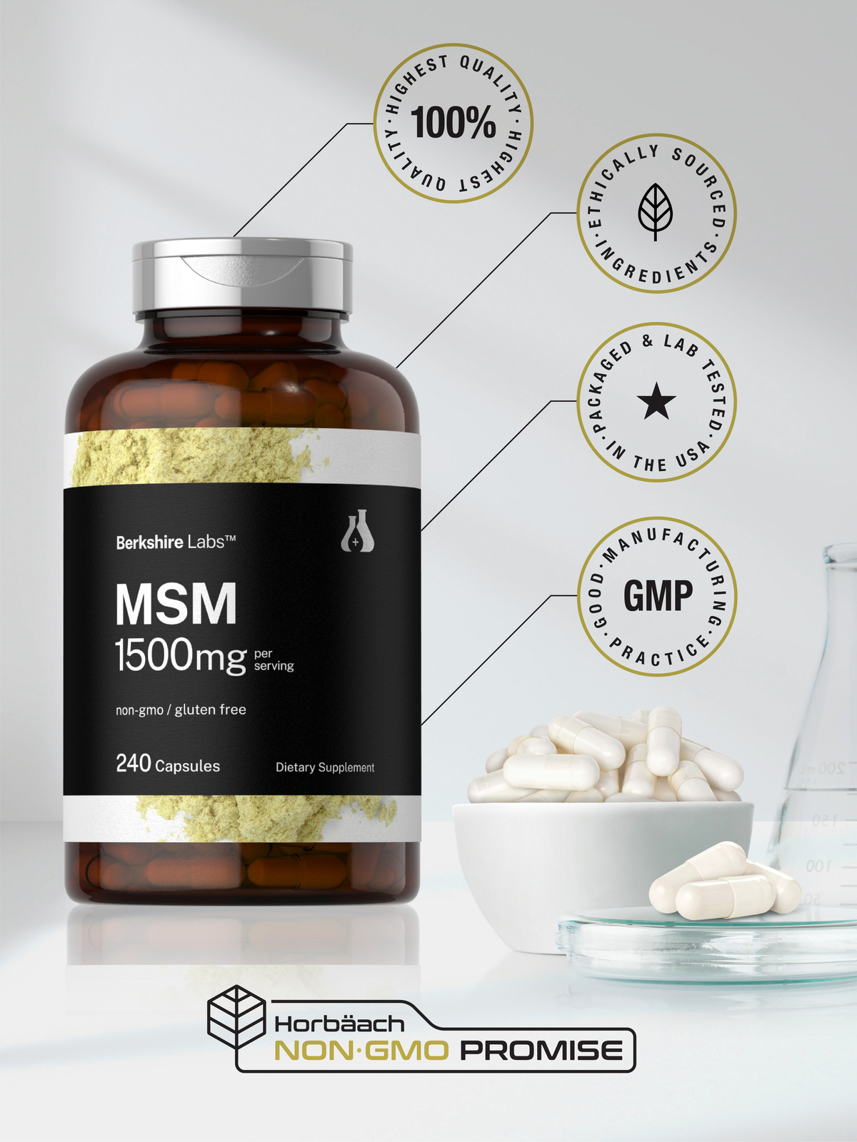 MSM Capsules 1500mg | 240 Count | Non-GMO, Gluten Free | Berkshire Labs