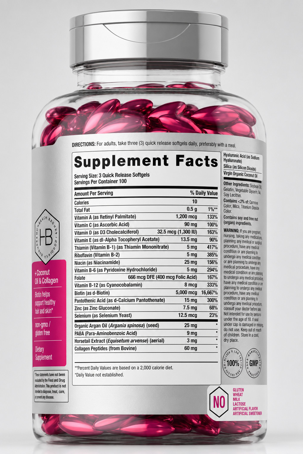 Horbaach Hair Skin & Nails Softgels 300 Ct Biotin Collagen Supplement