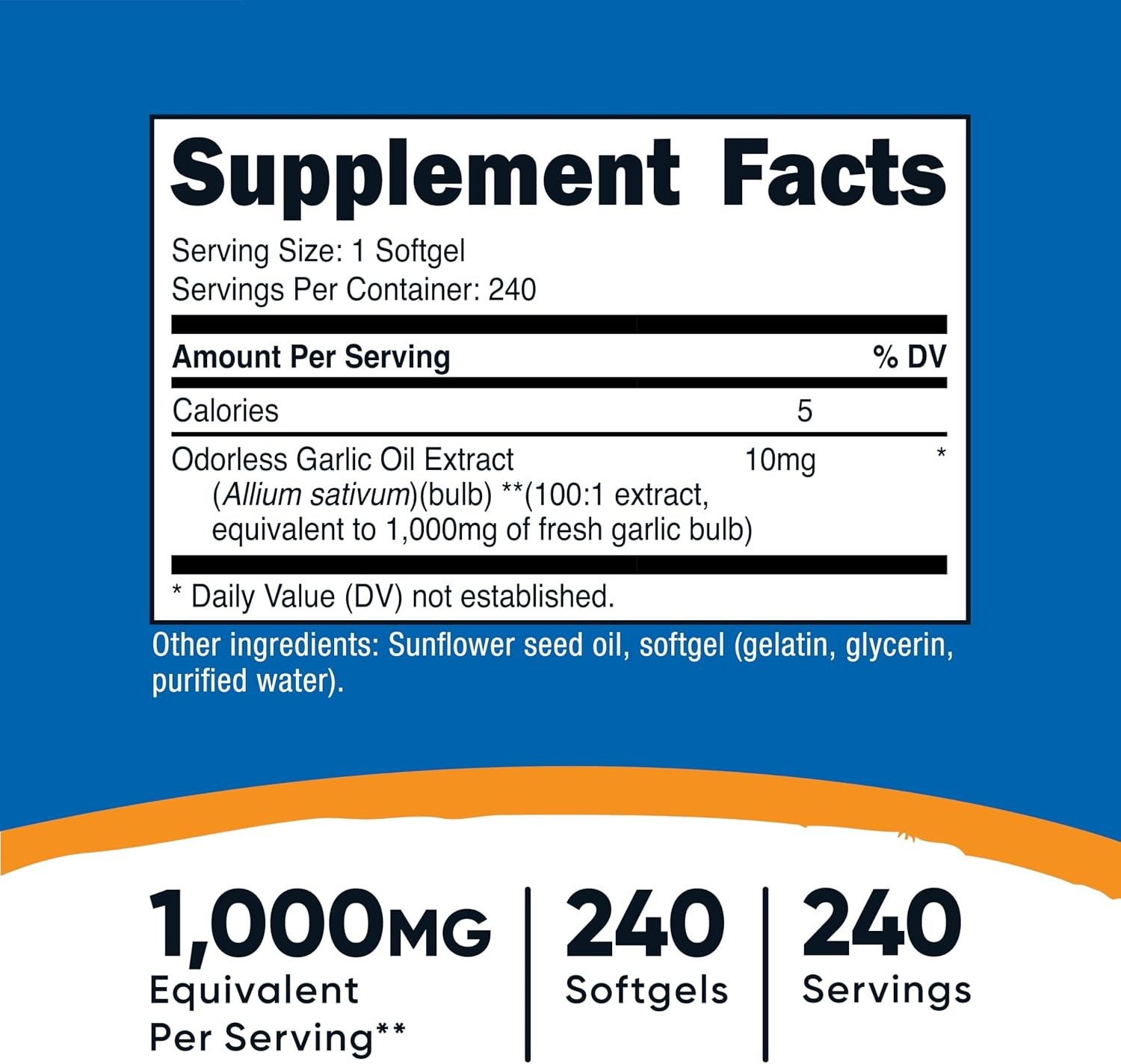 Ajo 1000 mg, 240 cápsulas blandas, inodoro, suplemento premium sin gluten.