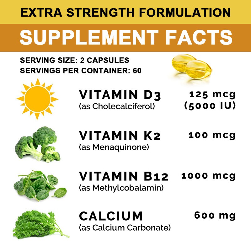 Vitamin D3 K2 Calcium B12 Complex Supports Bone Health & Joint Strength