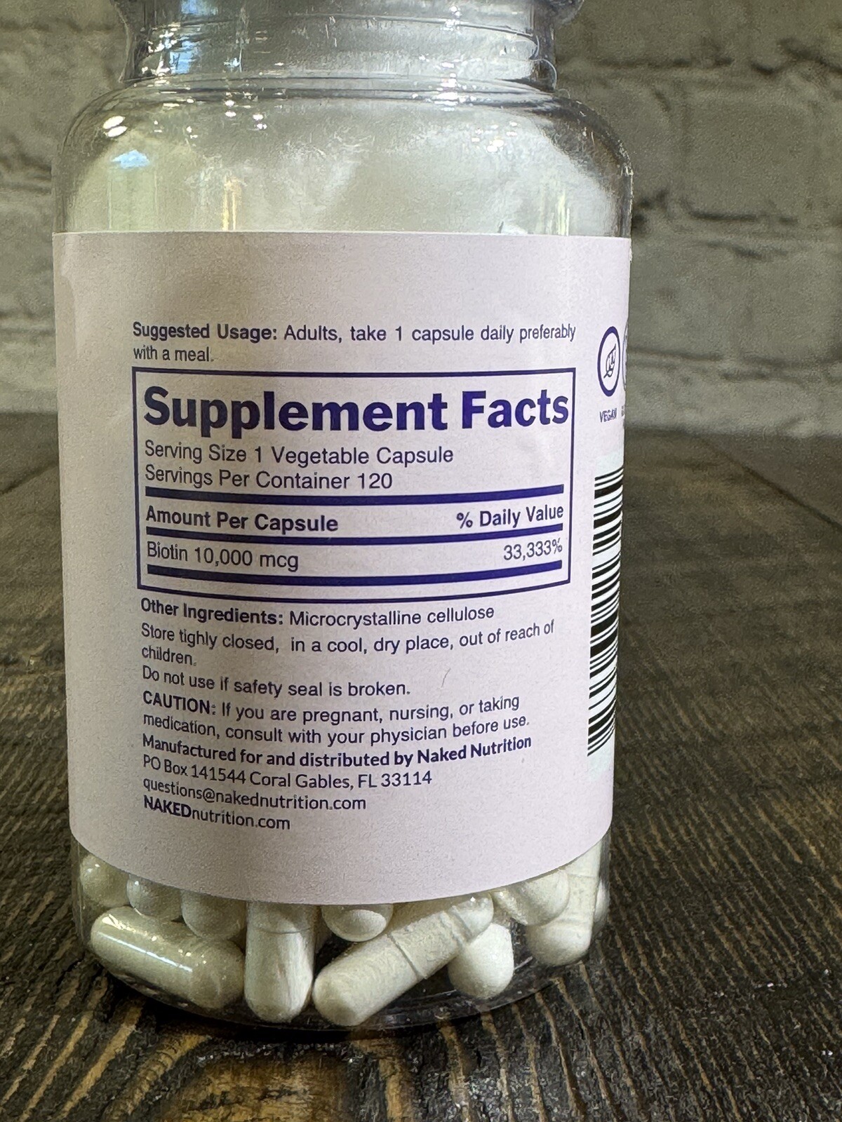 Biotin 10000 Mcg Hair Skin Nails 120 Capsules Vegan Gluten Free Supplement