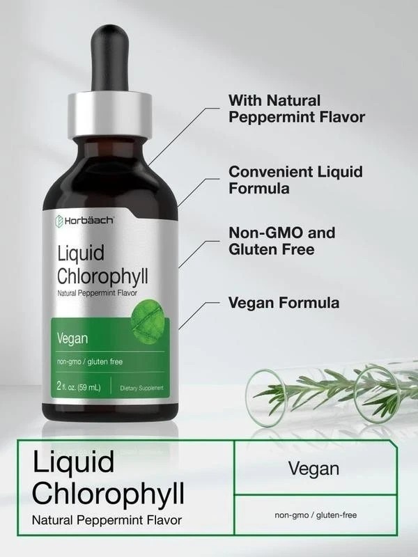 Liquid Chlorophyll Drops 2 oz, Non-GMO, Natural Peppermint Flavor, by Horbaach