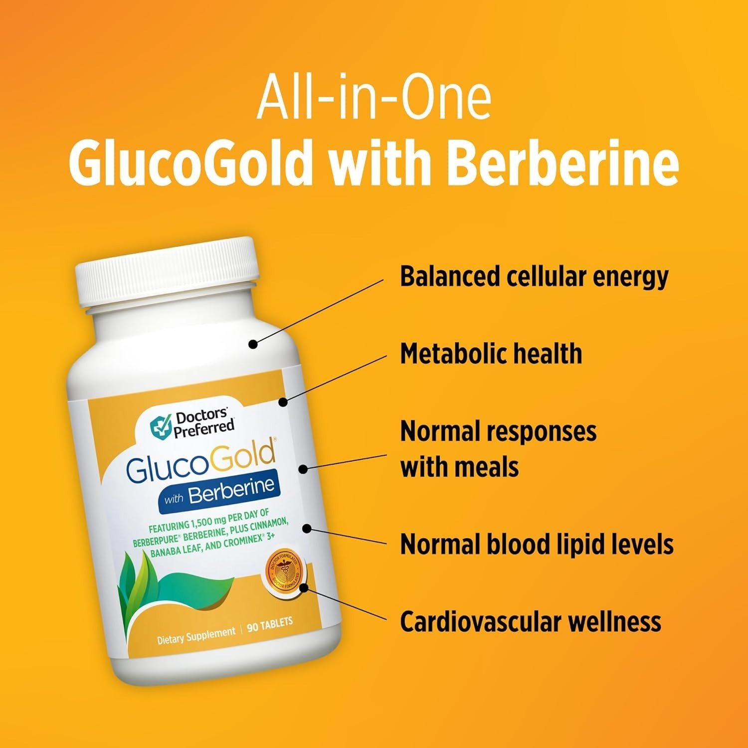 GlucoGold with Berberine Cinnamon Chromium Banaba Leaf Extract 90 Tablets