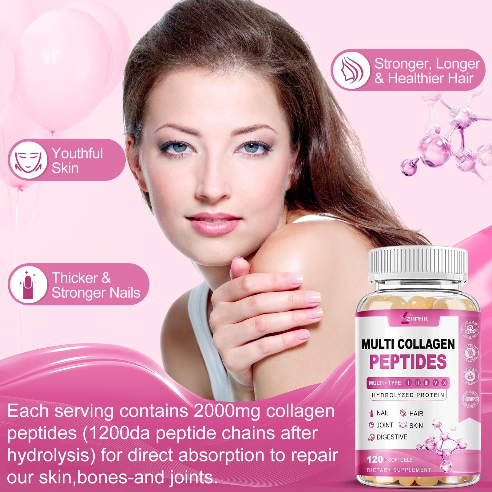 HK Multi Collagen Peptides for Women 2000mg 120 Count (Pack of 1)