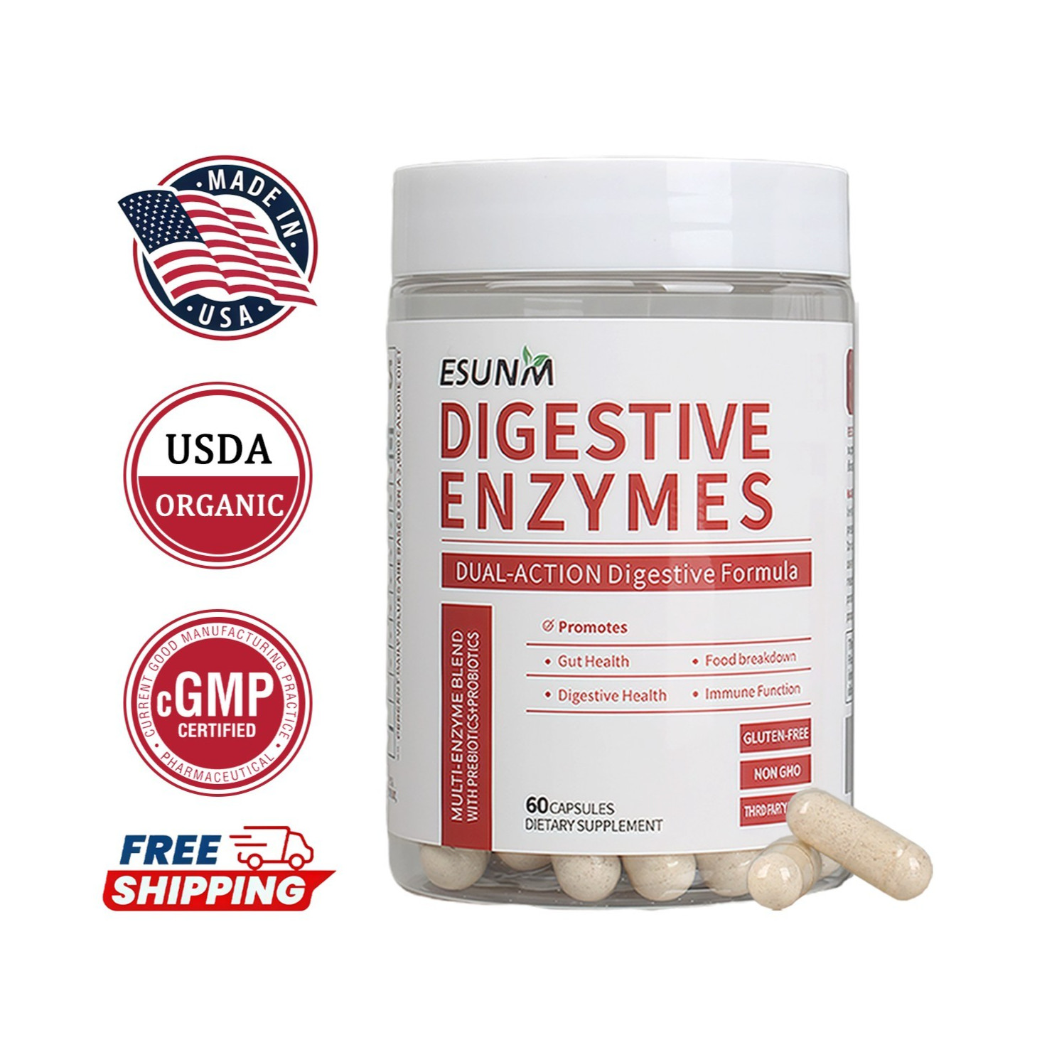 ESUNM Dual-Action Digestive Enzymes,Multi Enzymes Probiotics+Organic Prebiotics