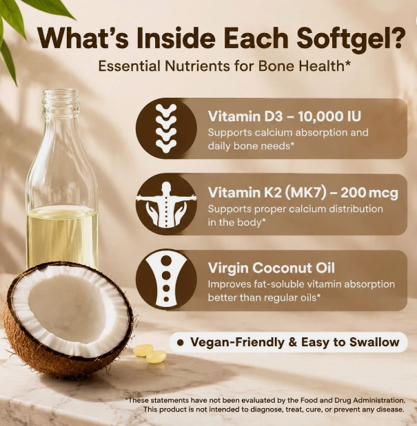 Vitamin D3 K2 Supplement, Coconut Oil for Bone & Immune Support