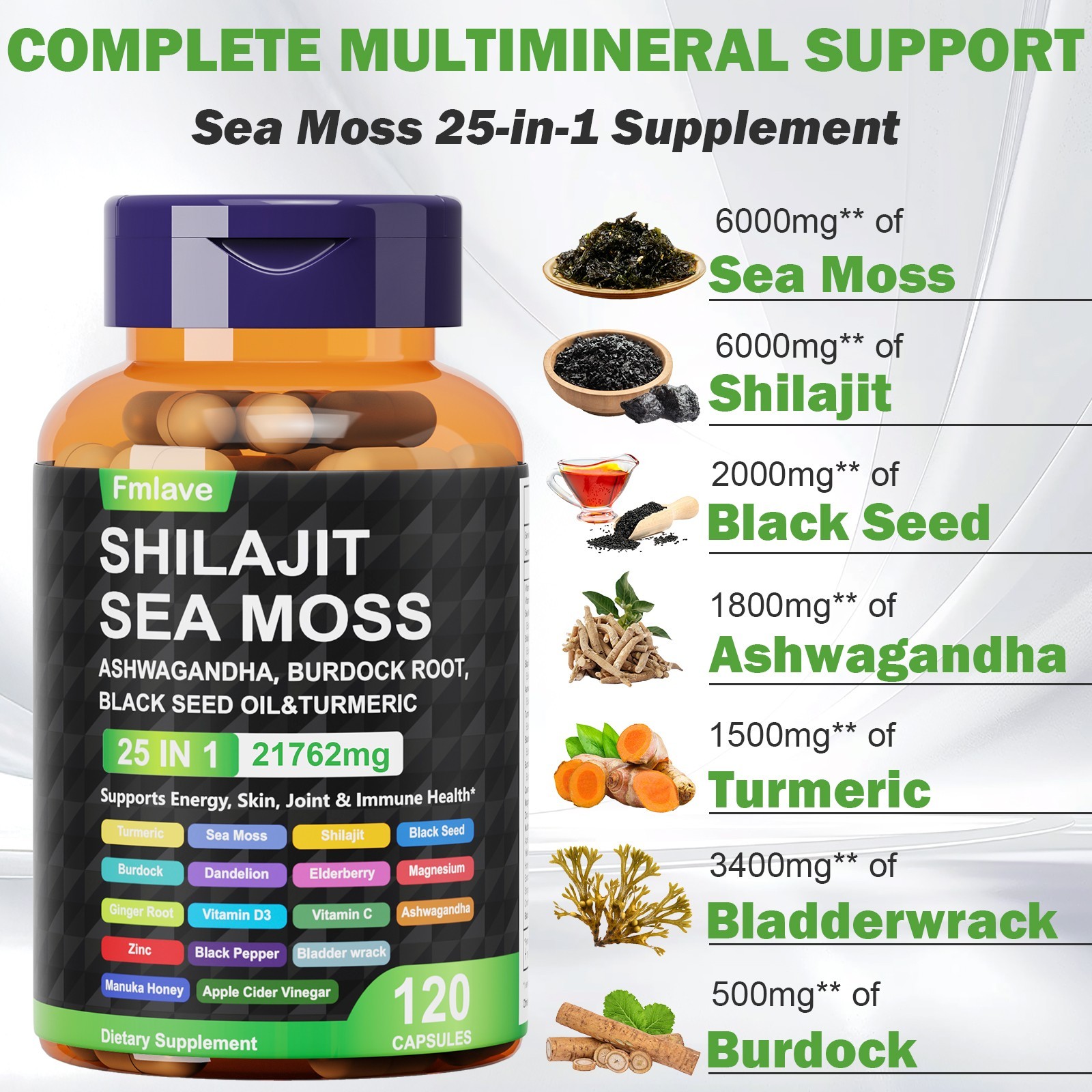 Sea Moss, Black Seed Oil, Ashwagandha, Turmeric Ginger Shilajit Burdock 120 caps