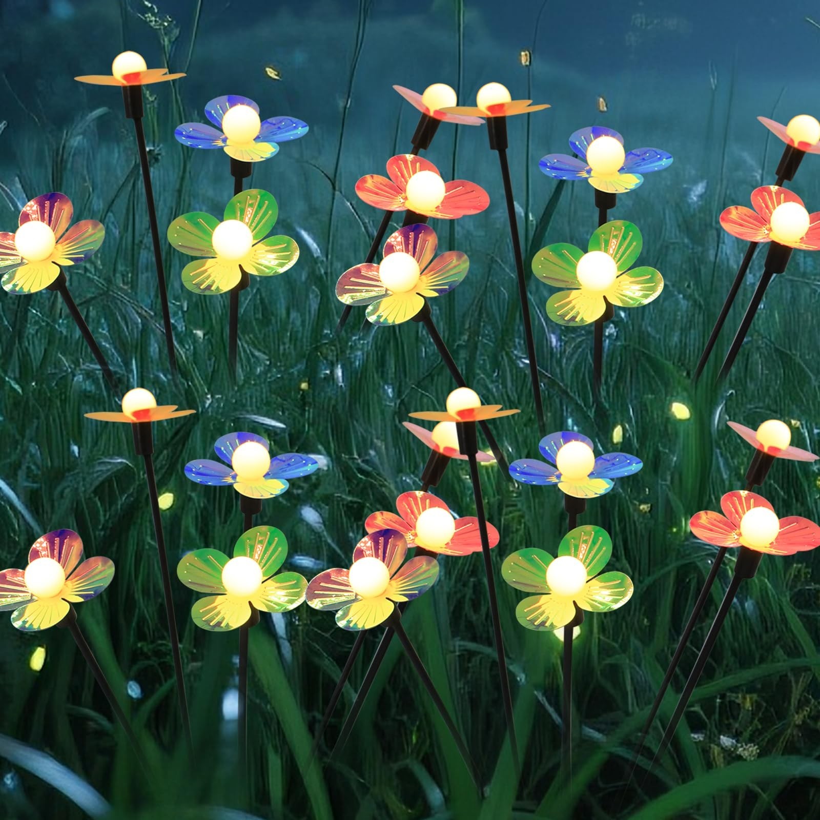 Solar Flower Lights Outdoor Waterproof 4 Pack of 32 LEDs Garden Solar Firefly…