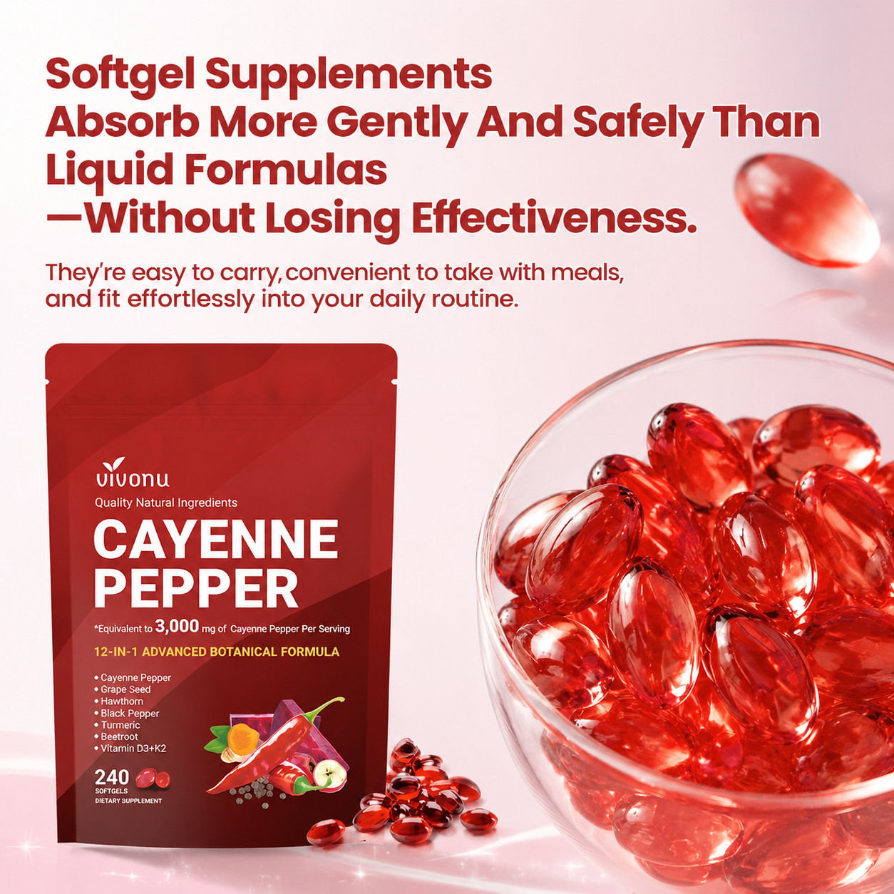 Vivonu 12-in-1 Cayenne Pepper Softgels Heart Circulation D3 K2 Turmeric Beetroot