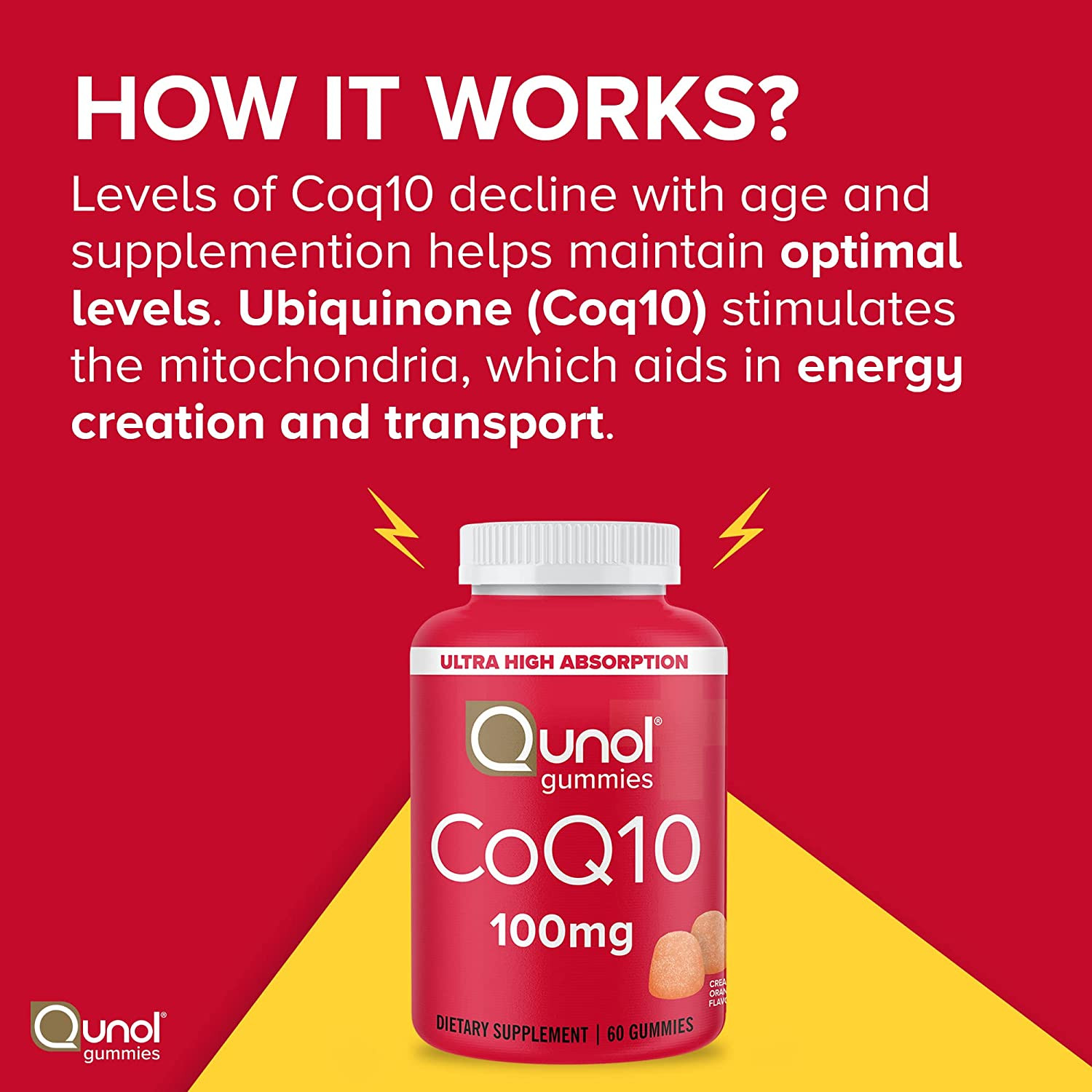 Qunol CoQ10 Gummies 100Mg, Heart Health Supplement, Vegan, Gluten Free, 2×60 Ct