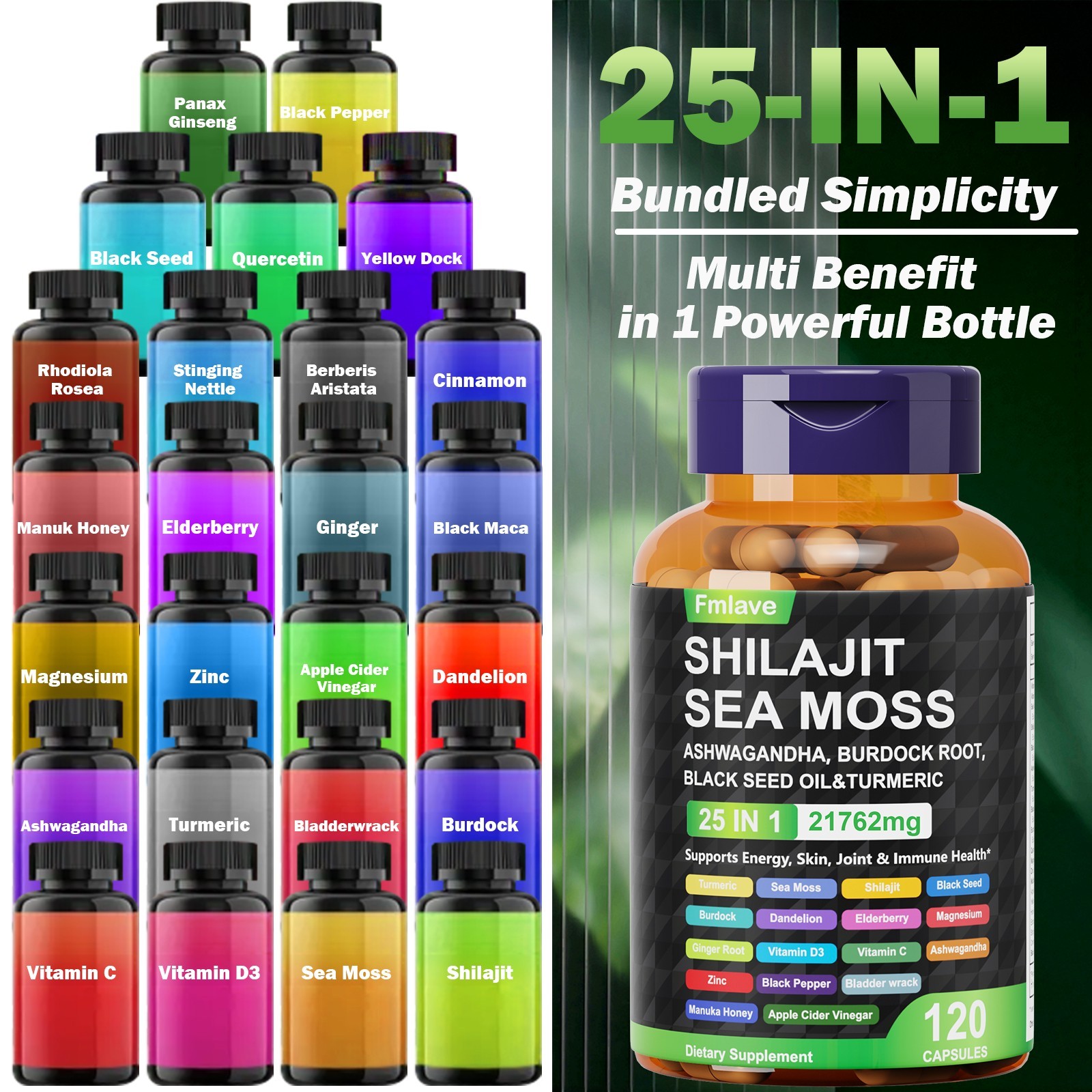 Sea Moss, Black Seed Oil, Ashwagandha, Turmeric Ginger Shilajit Burdock 120 caps