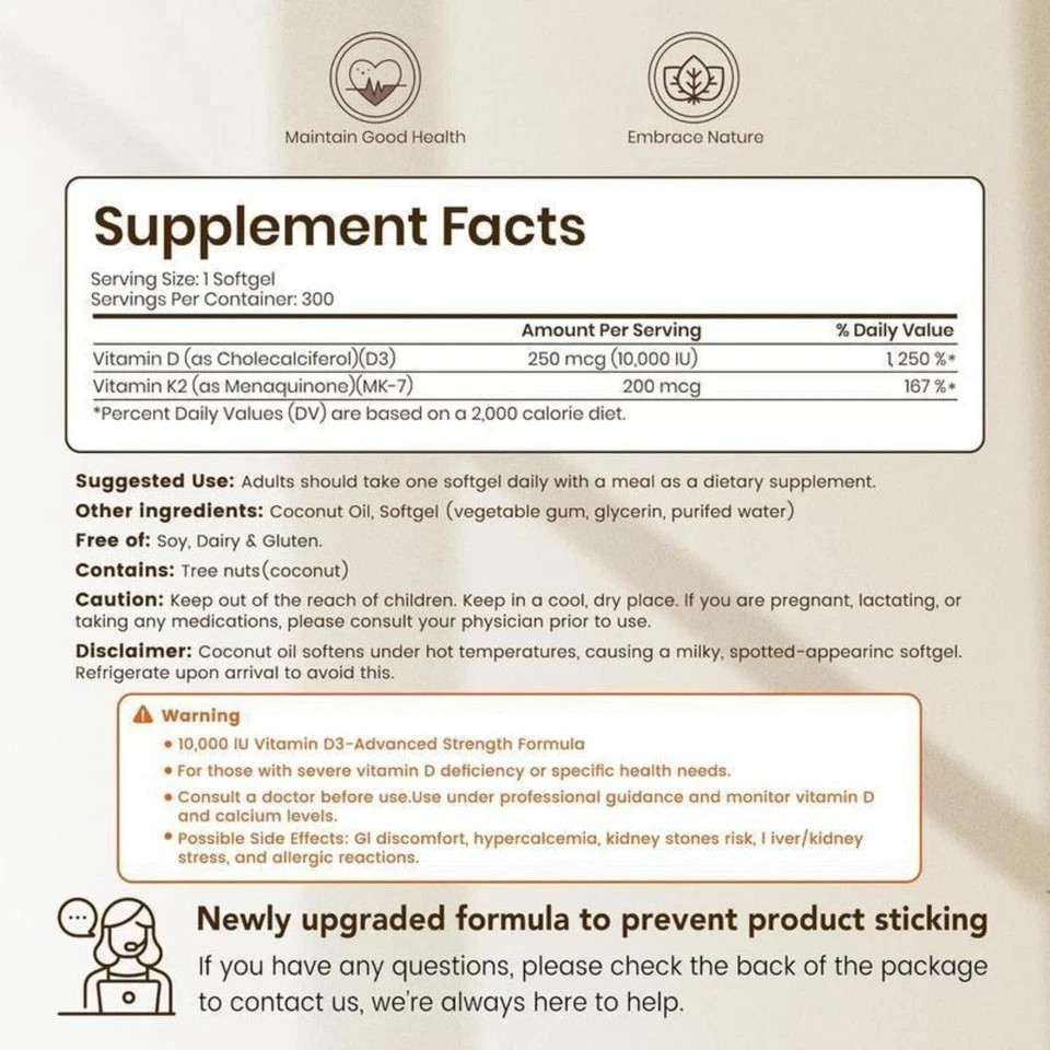 VEV Vitamin D3 K2 MK7 Softgels,10000IU D3 +200mcg K2 with Coconut Oil,300 Count