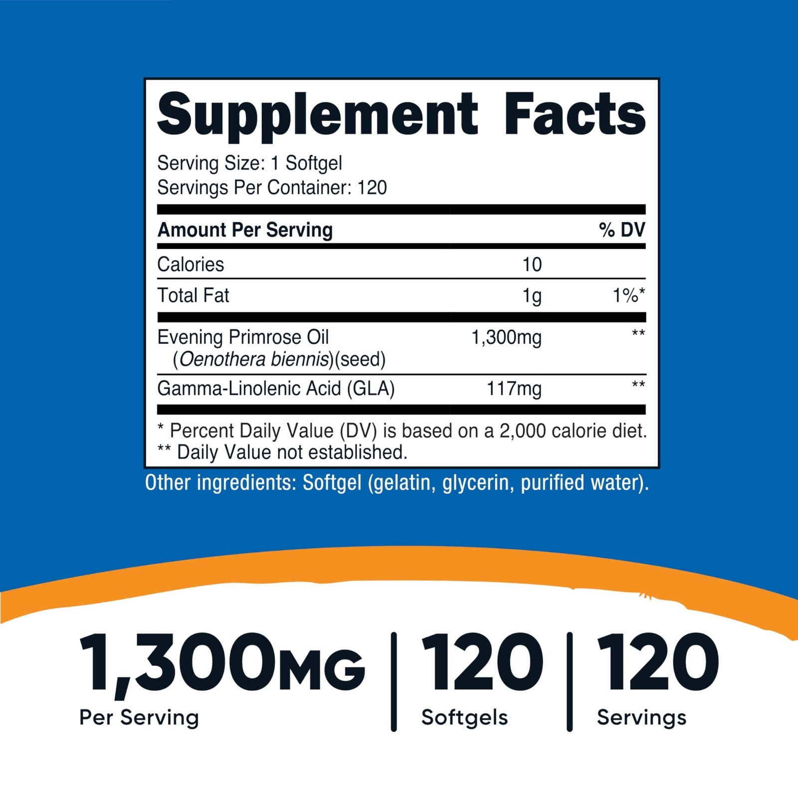 Evening Primrose Oil 1300mg – Cold Pressed, Non-GMO, Gluten-Free Softgels, 120 C
