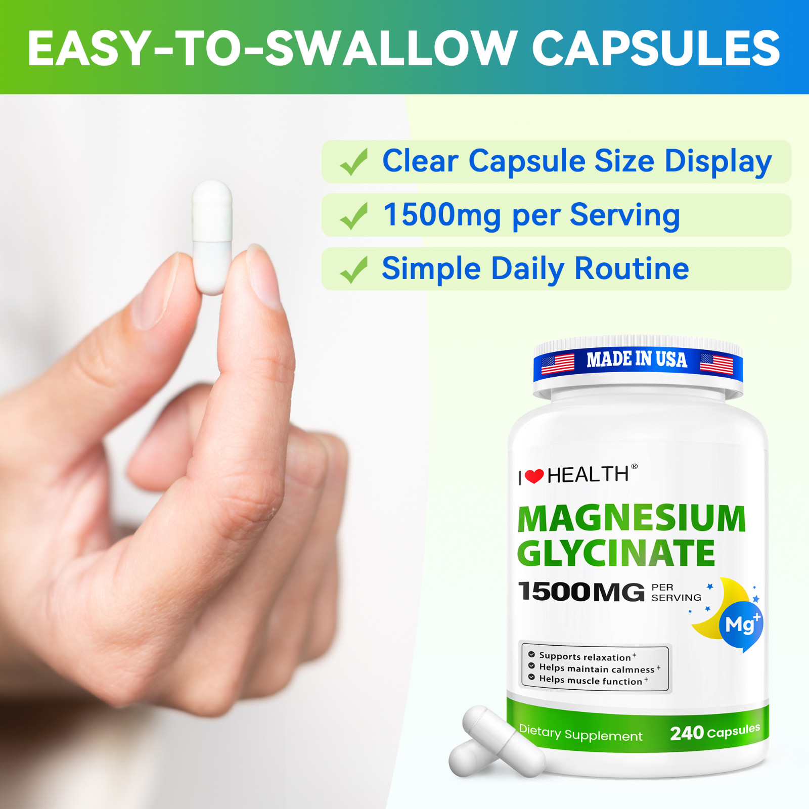 Magnesium Glycinate 1500 mg | 240 Vegan Capsules | High-Absorption Non-GMO