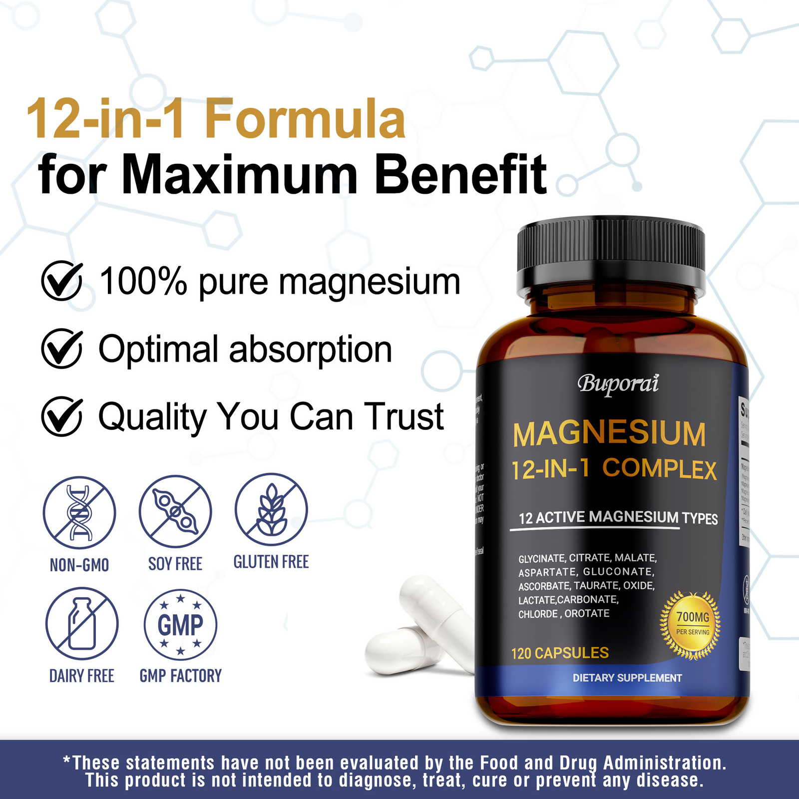 Magnesium 12-in-1 Complex – Glycinate Citrate Malate for Sleep, Stress Relief