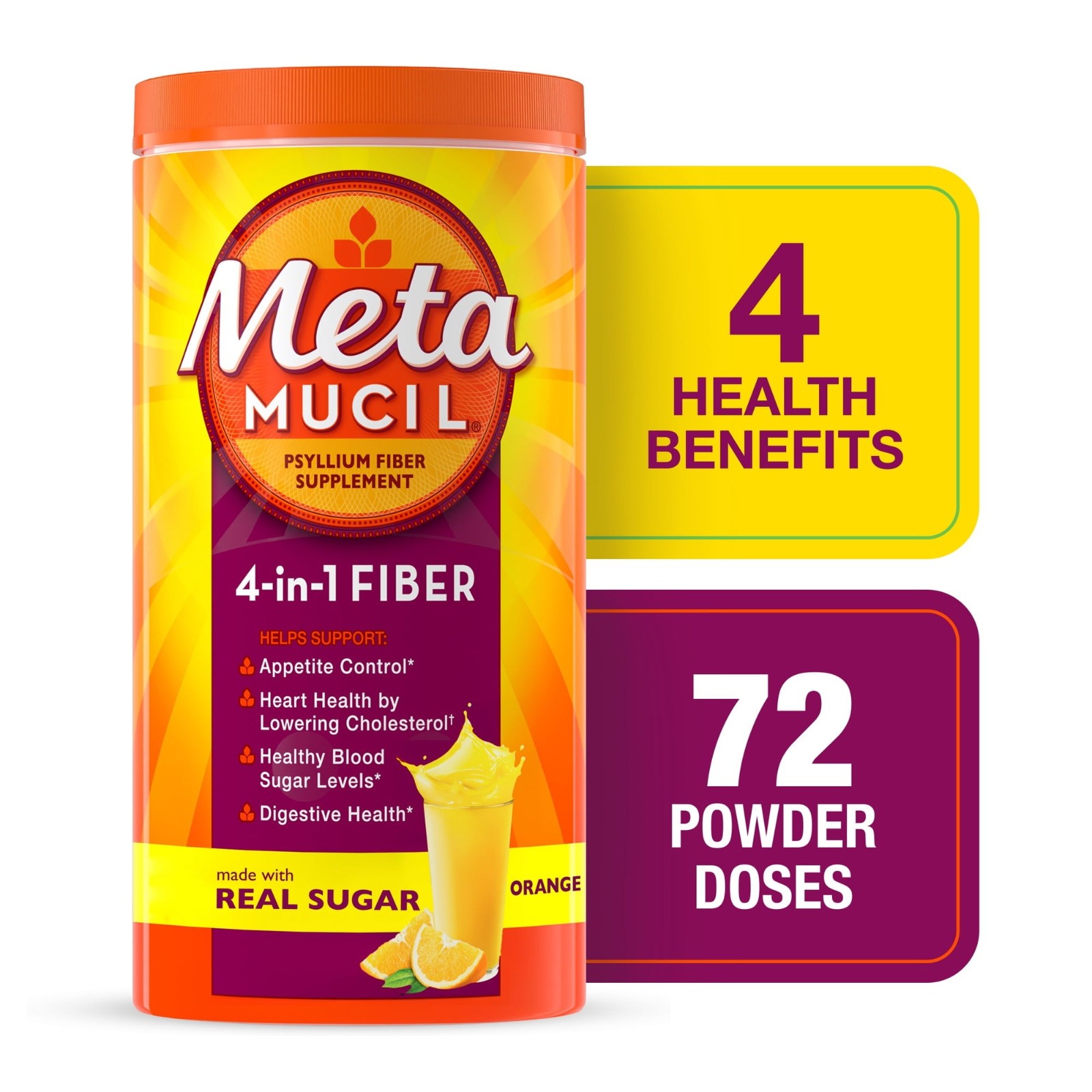Metamucil Psyllium Fiber Powder Orange Real Sugar 72 Tbsp 4 Pack FREESHIP