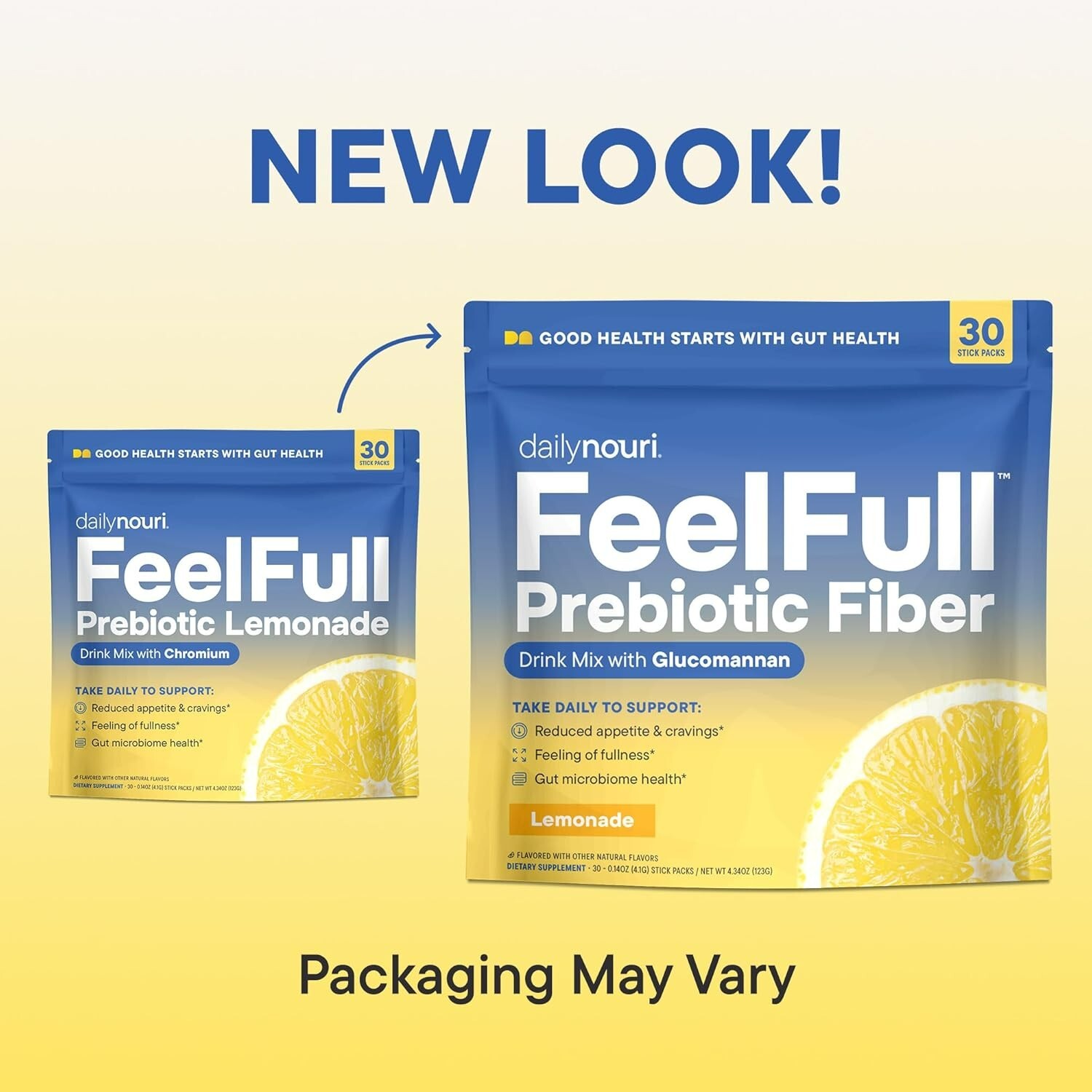 Daily Nouri FeelFull Prebiotic Fiber Drink Mix, Lemonade Flavor – 30 Stick Packs