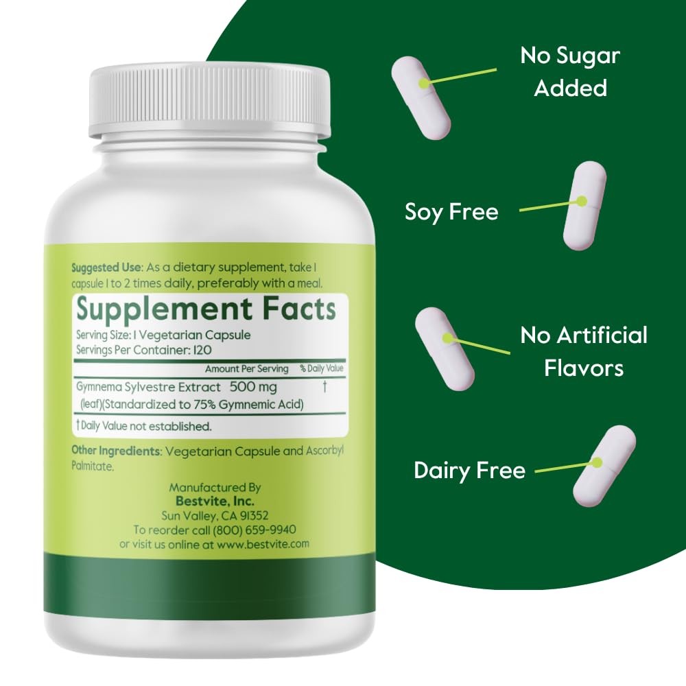 Bestvite Gymnema Sylvestre 500Mg 120 Vegetarian Capsules – Standardized To 75