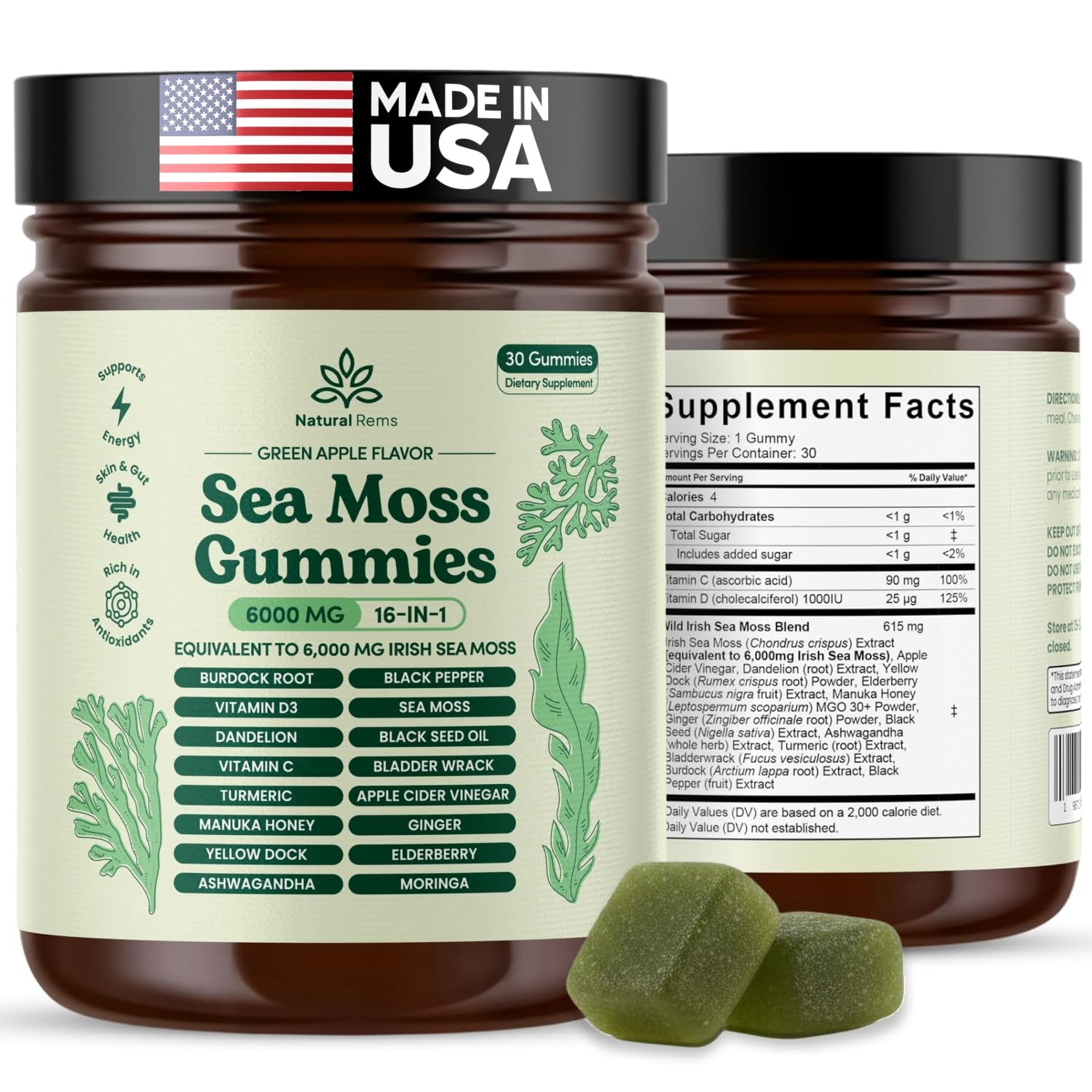 Natural Rems Sea Moss Gummies 16in1 Ashwagandha Black Seed Oil Bladder Wrack…