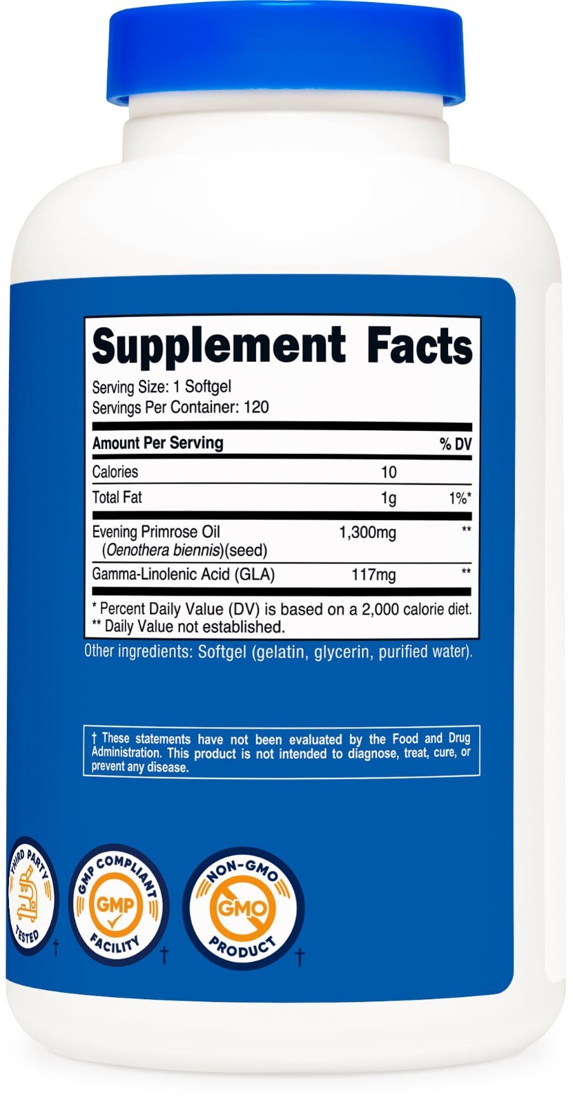 Evening Primrose Oil 1300mg – Cold Pressed, Non-GMO, Gluten-Free Softgels, 120 C