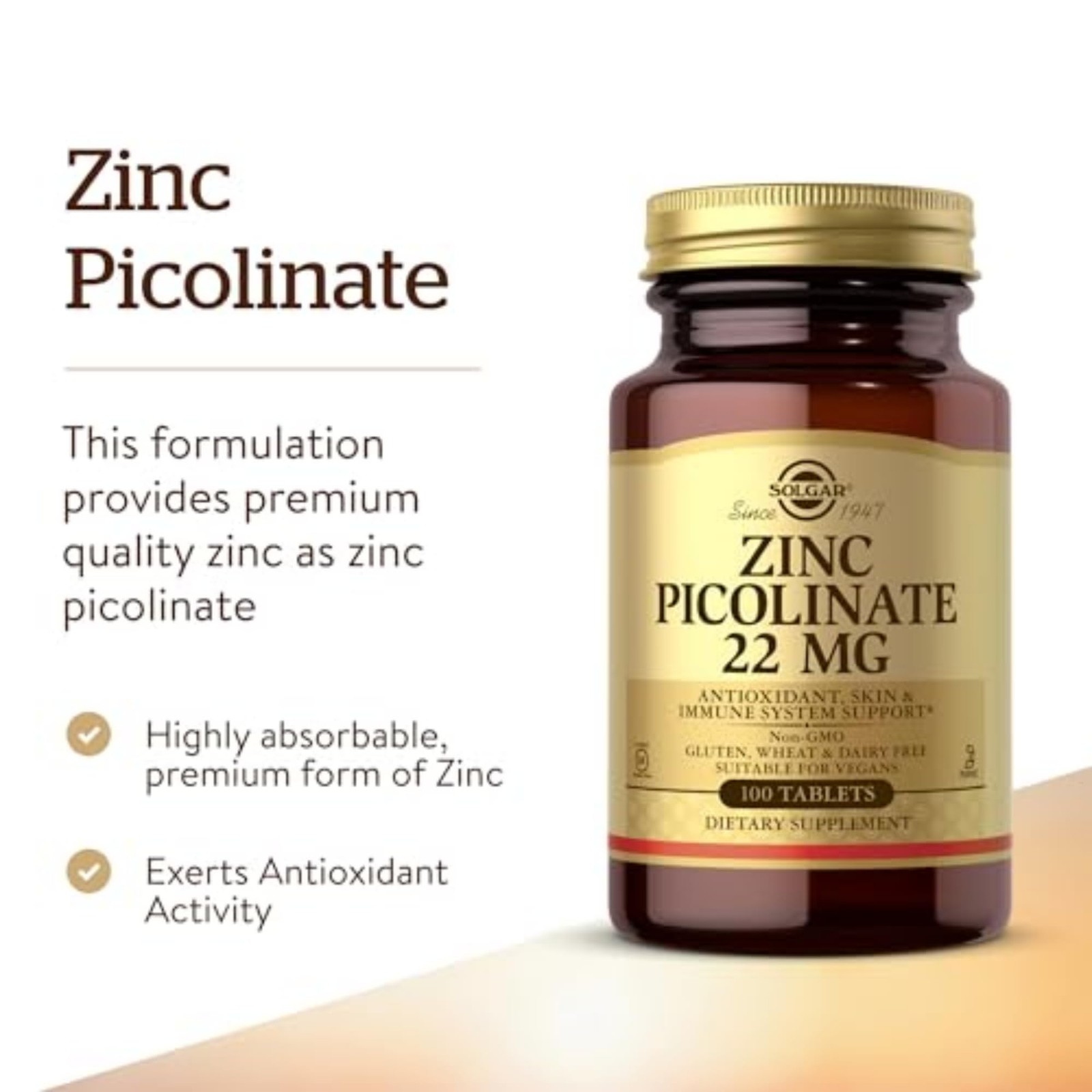 Solgar Zinc Picolinate 22 mg Tablets 100 Count Immune Support Vegan Non GMO