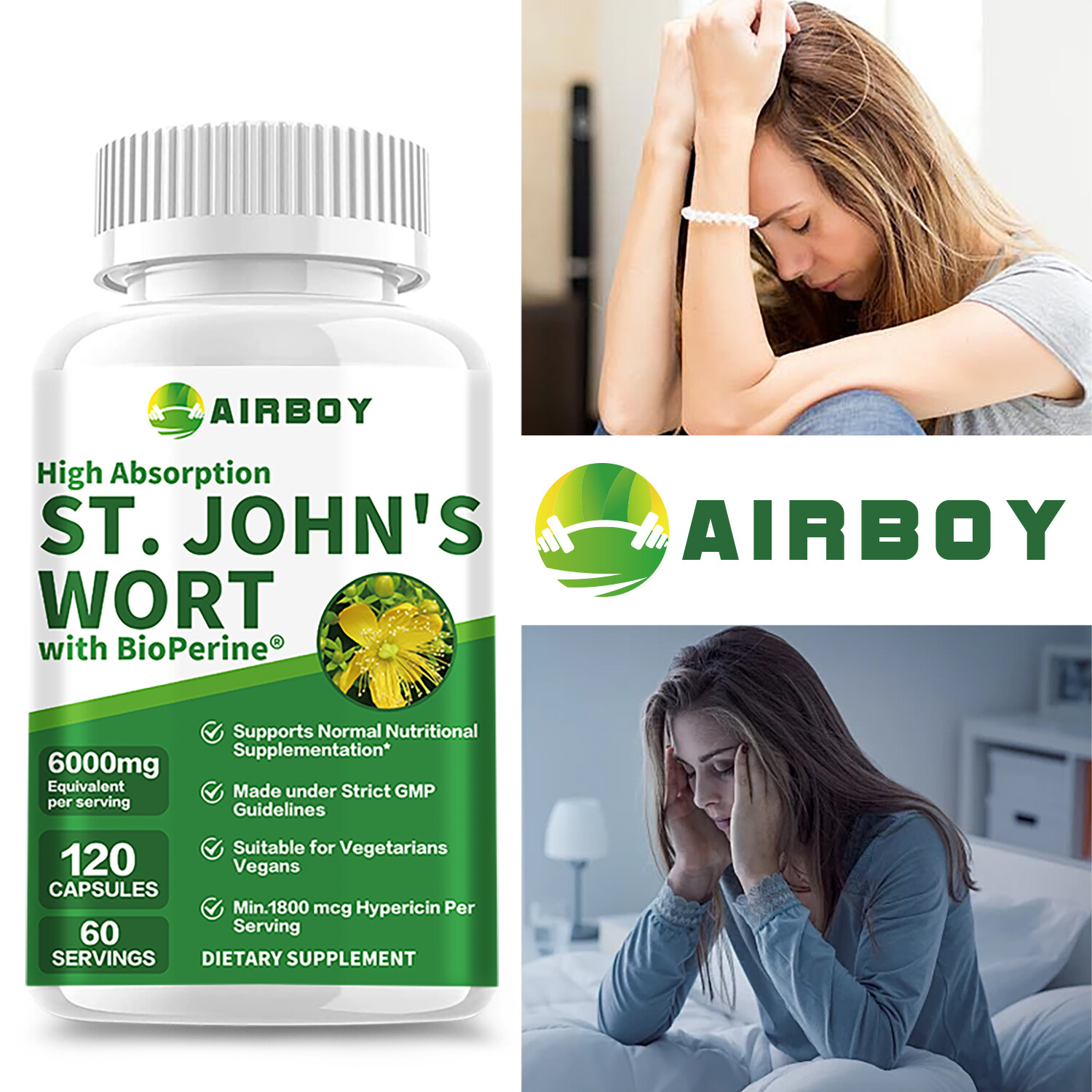 120pcs St. John’s Wort 6000mg – 0.3% Hypericin-Stress Anxiety Depression Relief