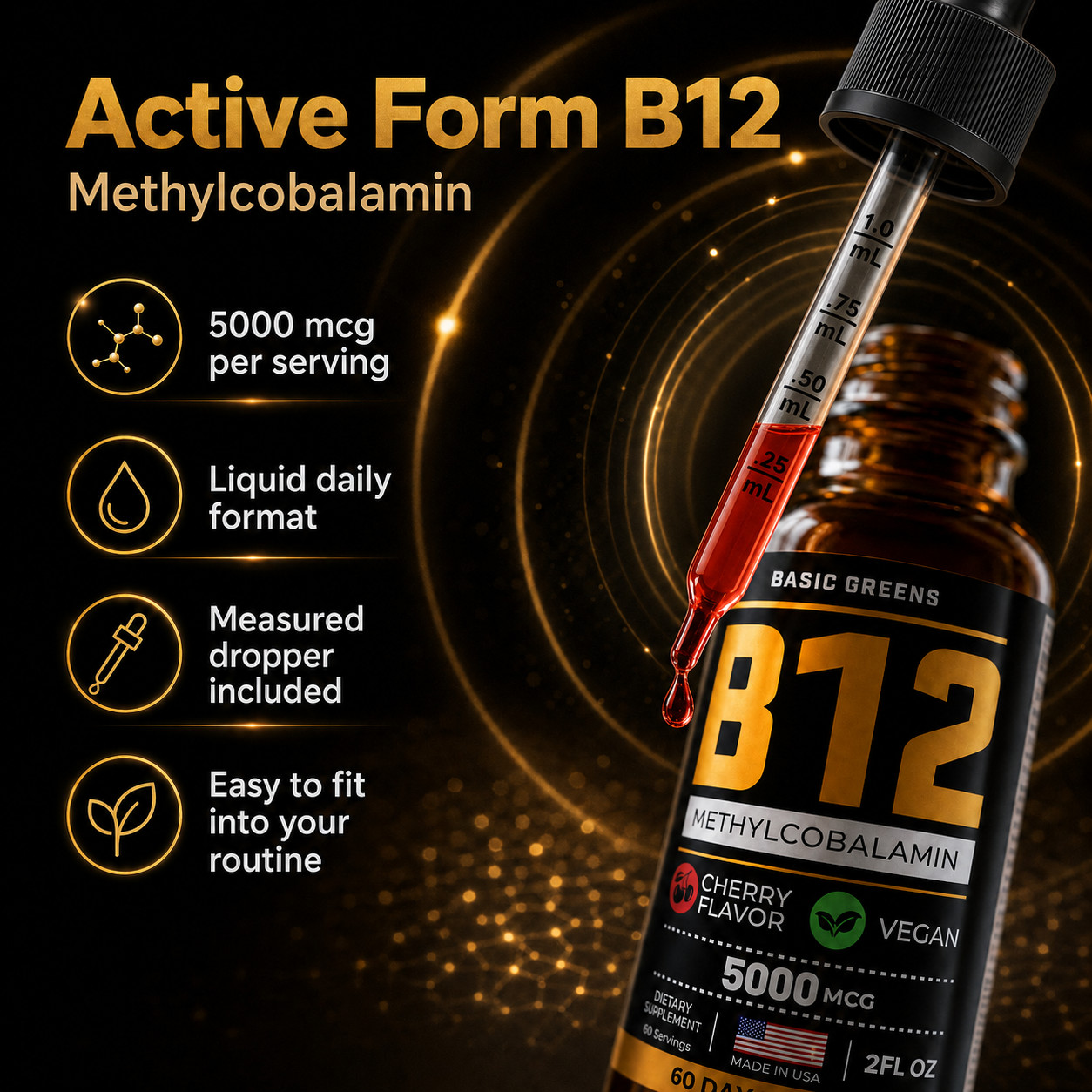 BASIC GREENS B12 Liquid Drops 5000mcg Sublingual Methylcobalamin Vegan 2oz