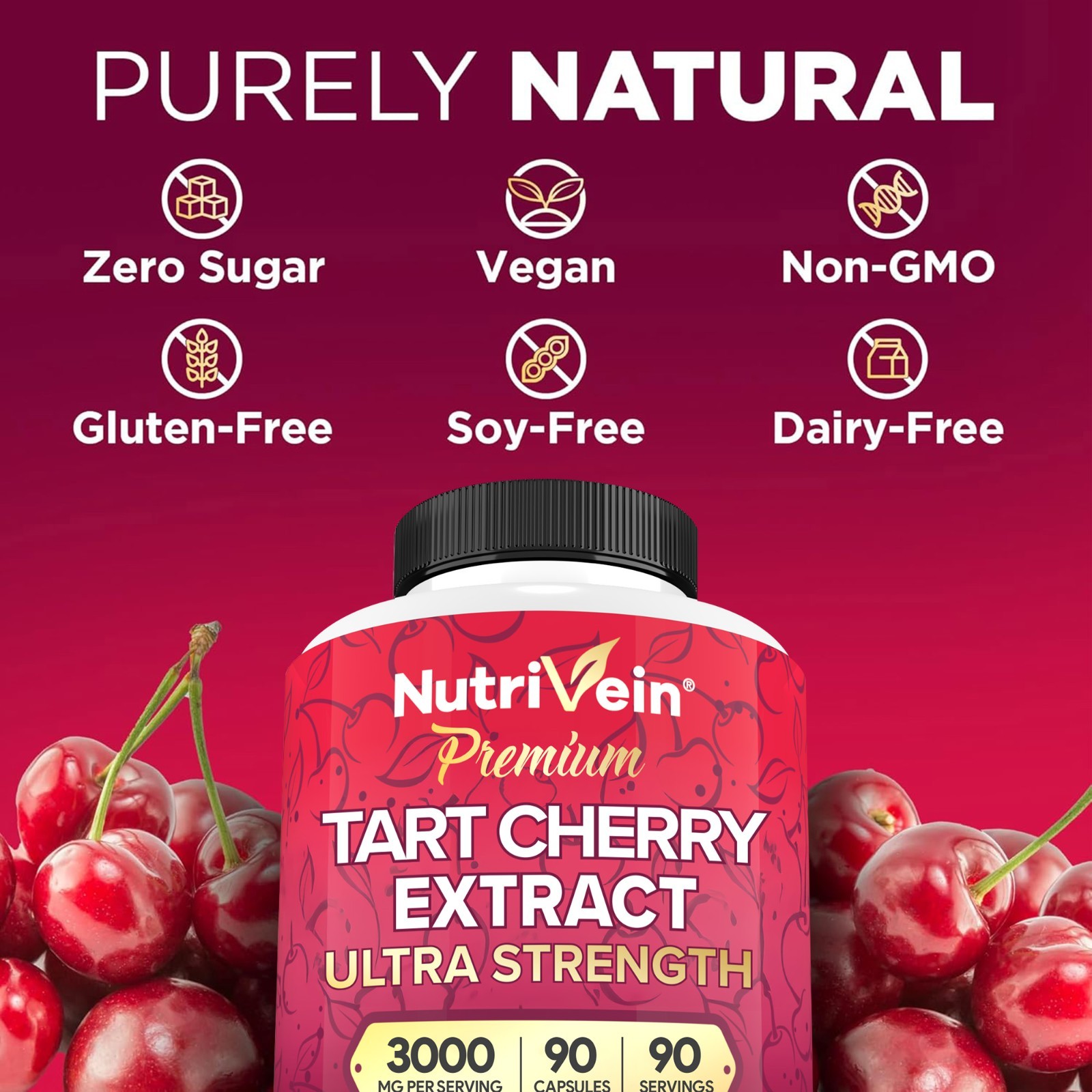 Nutrivein Tart Cherry Capsules 3000mg – 90 Vegan Pills – Supports Uric Acid