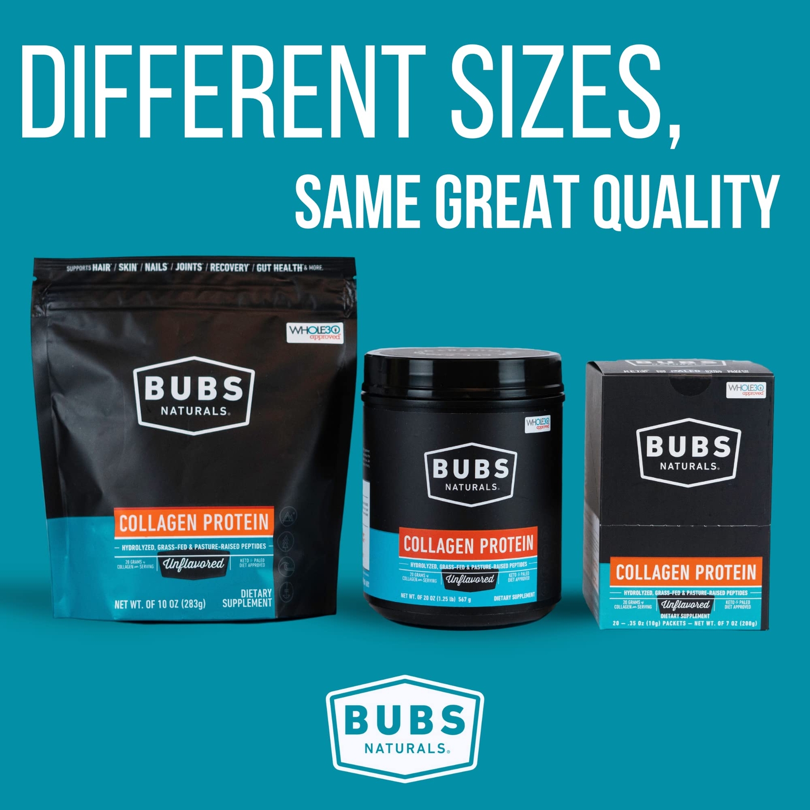 BUBS Naturals Collagen Protein Powder 28 Servings Unflavored Grass Fed Peptides