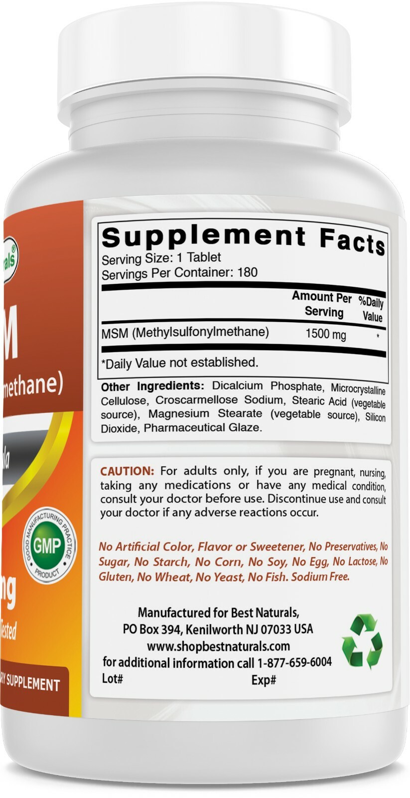 2 Pack Best Naturals MSM 1500 mg 180 Tablets