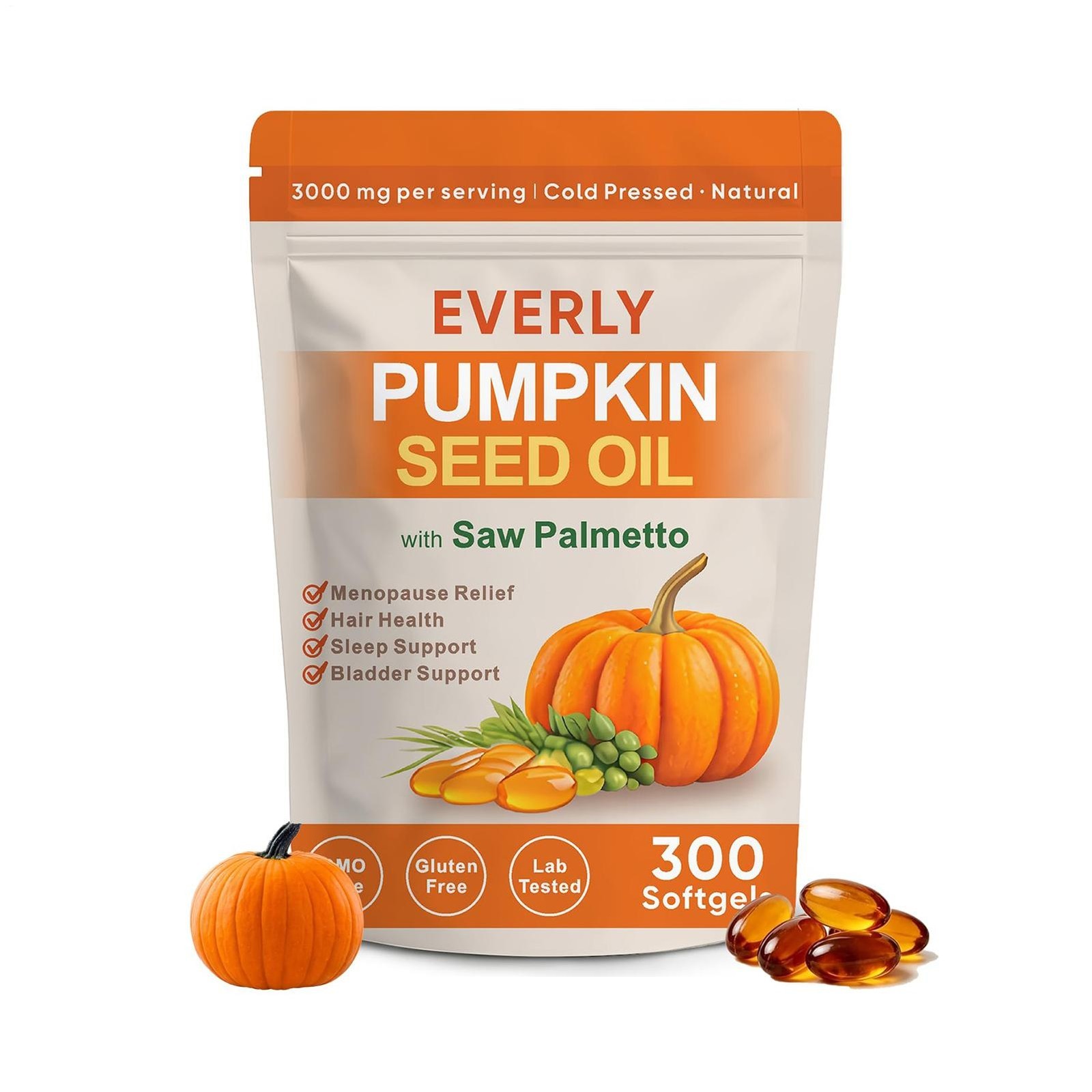 Everly Pumpkin Seed Oil with Saw Palmetto, 300 Softgels, Cold Pressed Pumpkin Se