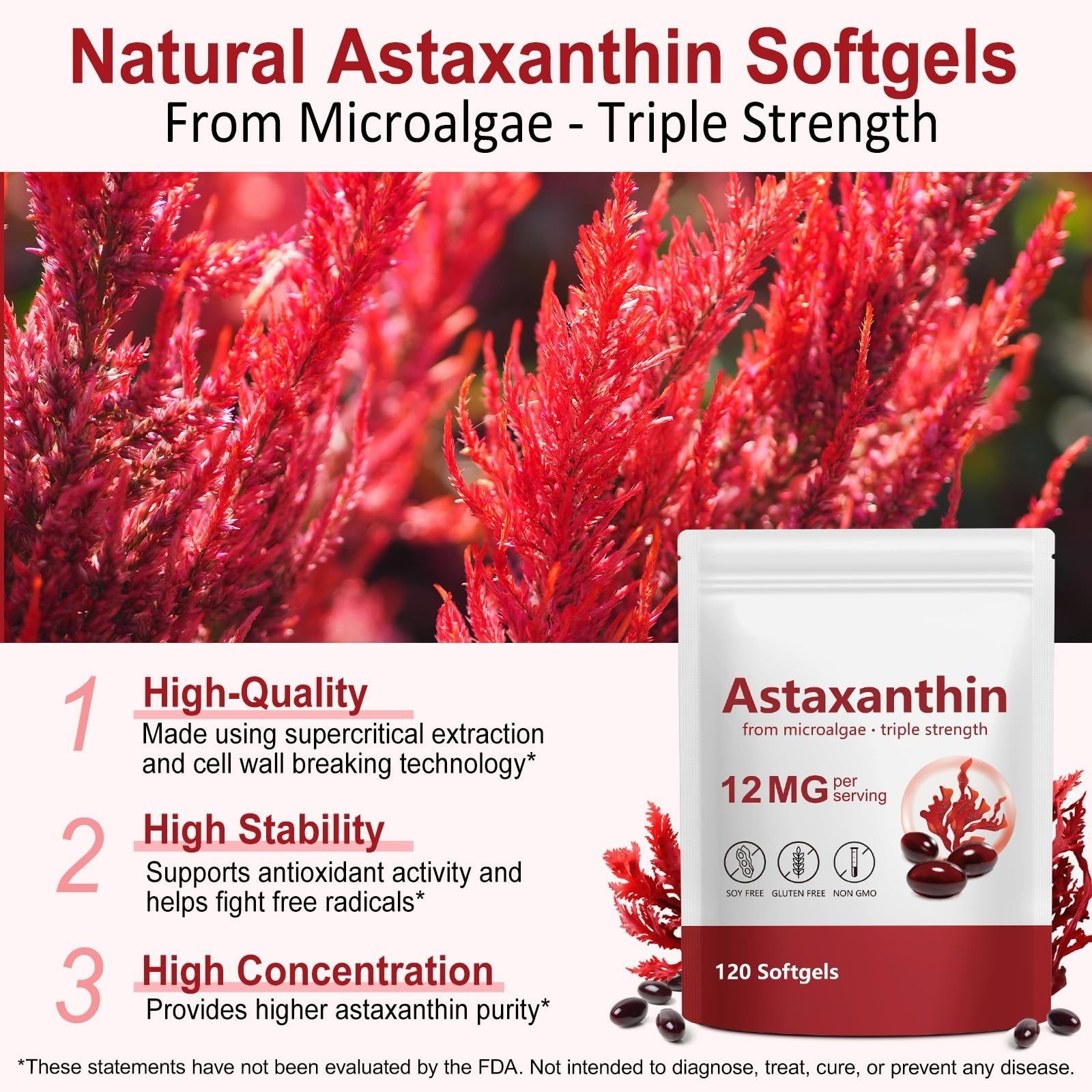 Astaxanthin 12mg Softgels – 120 Count, Natural Antioxidant, 4 Month Supply