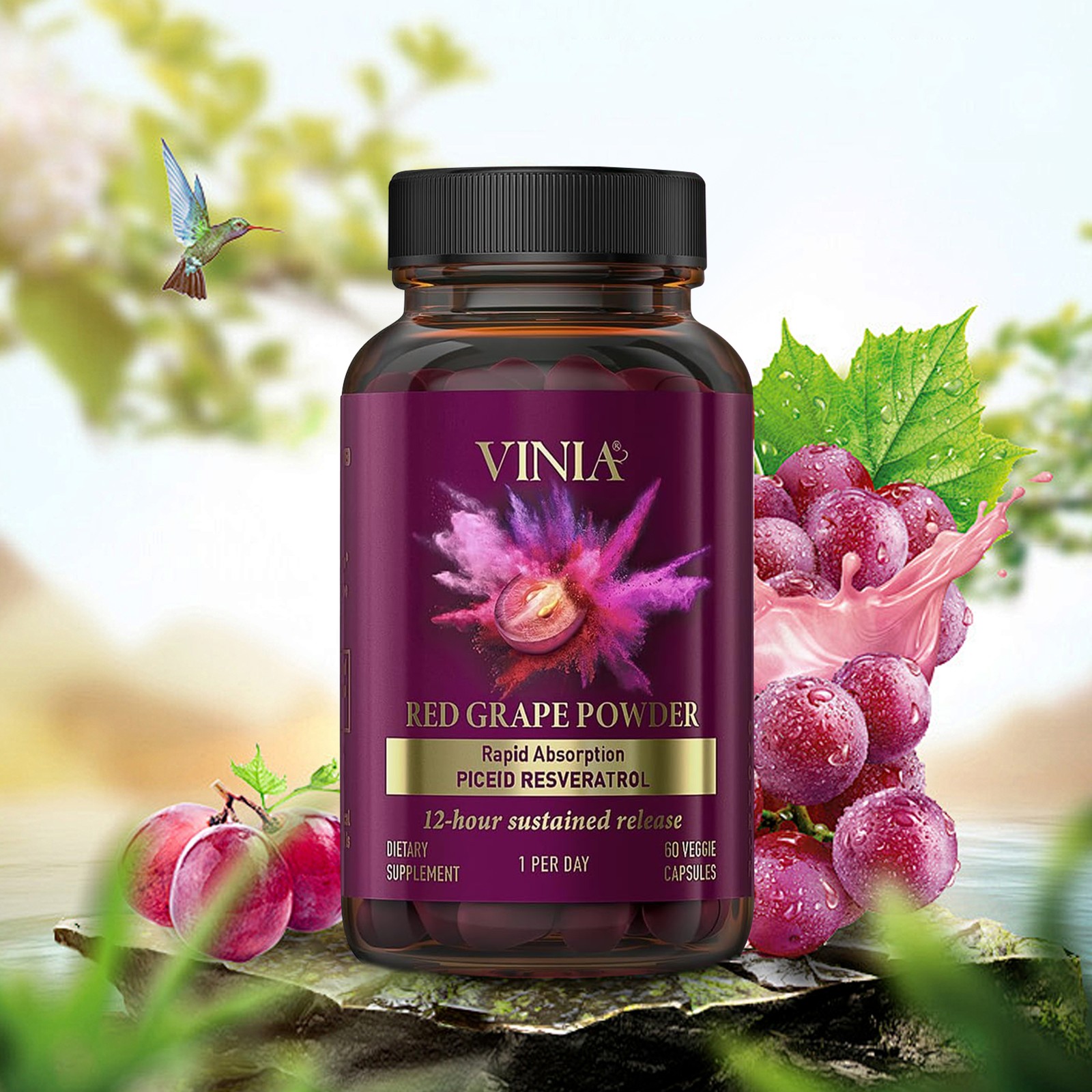 Vinia Red Grape Powder Rapid Absorbtion Piceid Resveratrol 30 Veggie Capsul New