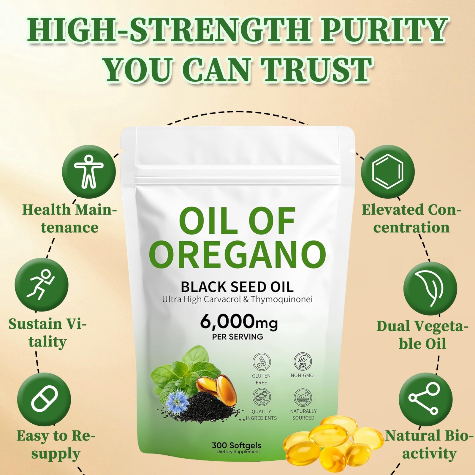 Oil of Oregano Softgels with Black Seed Oil & Thymoquinone, 300 Count, 6000mg, N