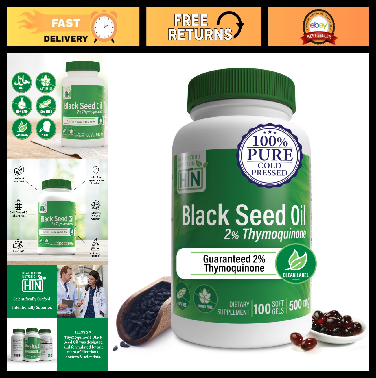 High Potency Black Seed Oil 500mg – 100 Softgels, 2% Thymoquinone, Non-GMO, Glut