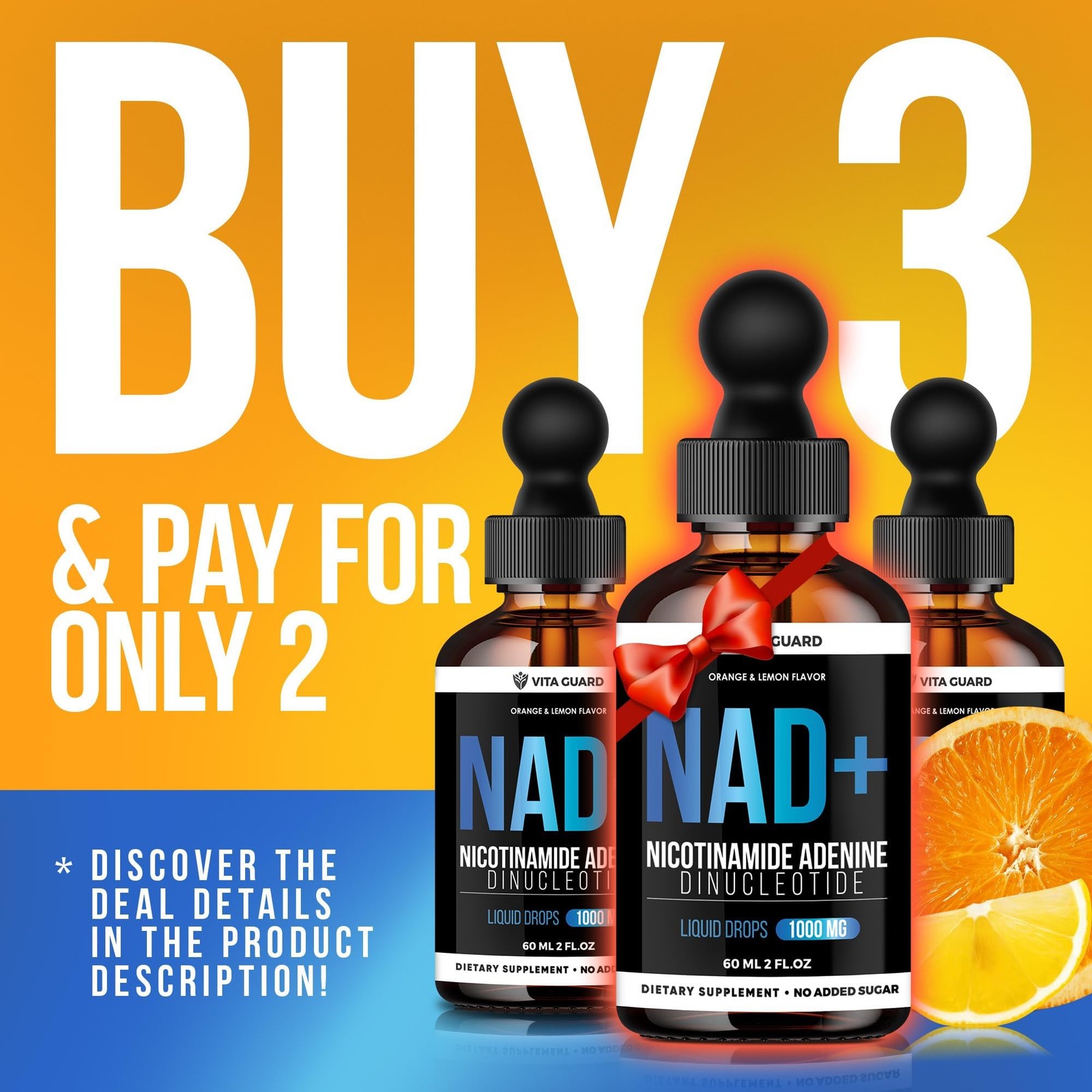 Vita Guard Pure NAD+ Supplements 1000mg Liquid Drops for 2 Fl Oz (Pack of 1)