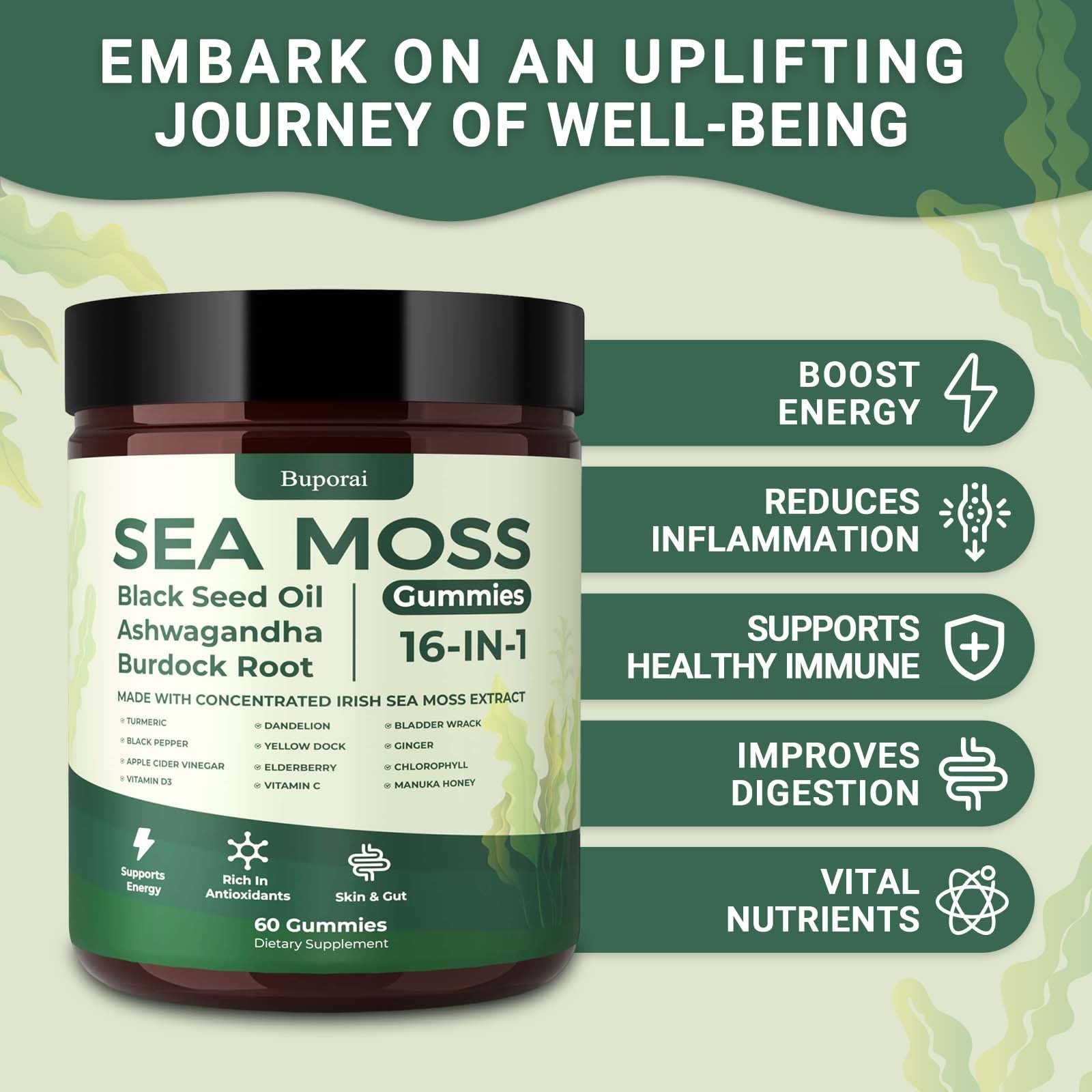 Buporai Sea Moss Gummies 16-1, Black Seed Oil Ashwagandha Turmeric Bladder Wrac