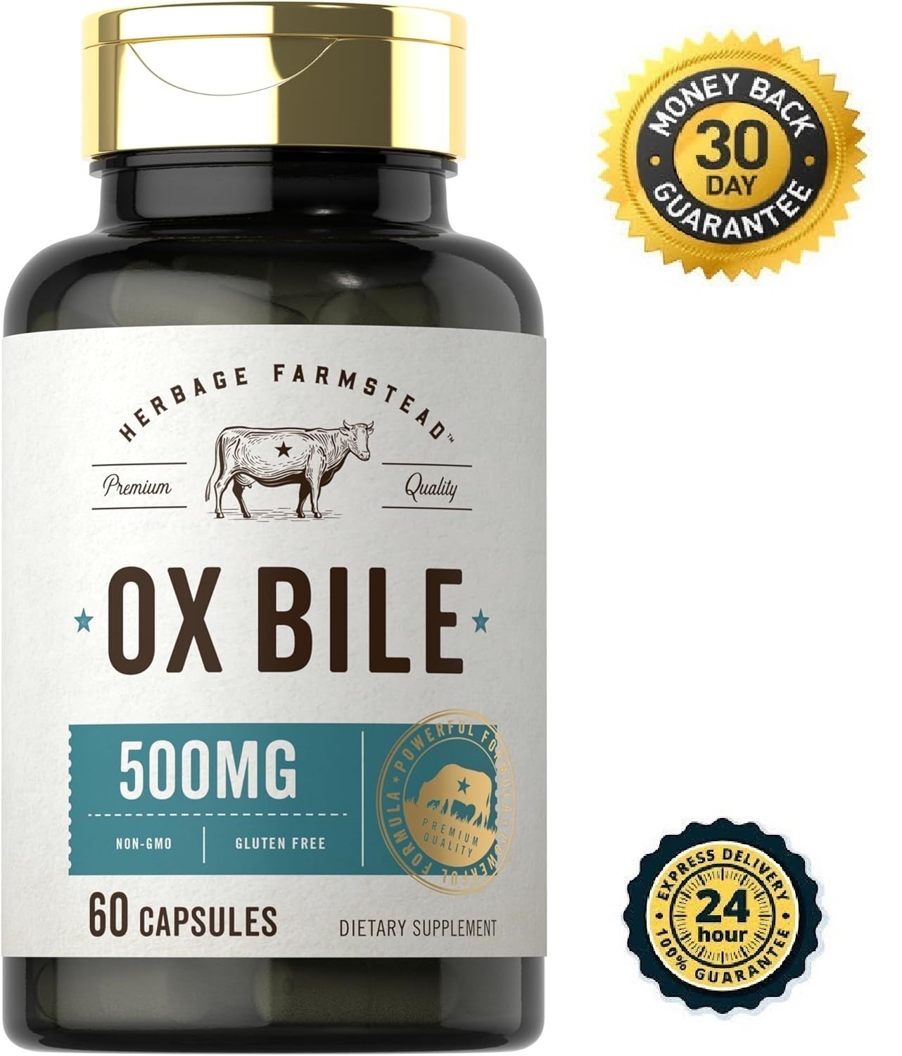 Ox Bile Supplement 500Mg 60 Capsules Digestive Enzyme Non-Gmo & Gluten Free by H