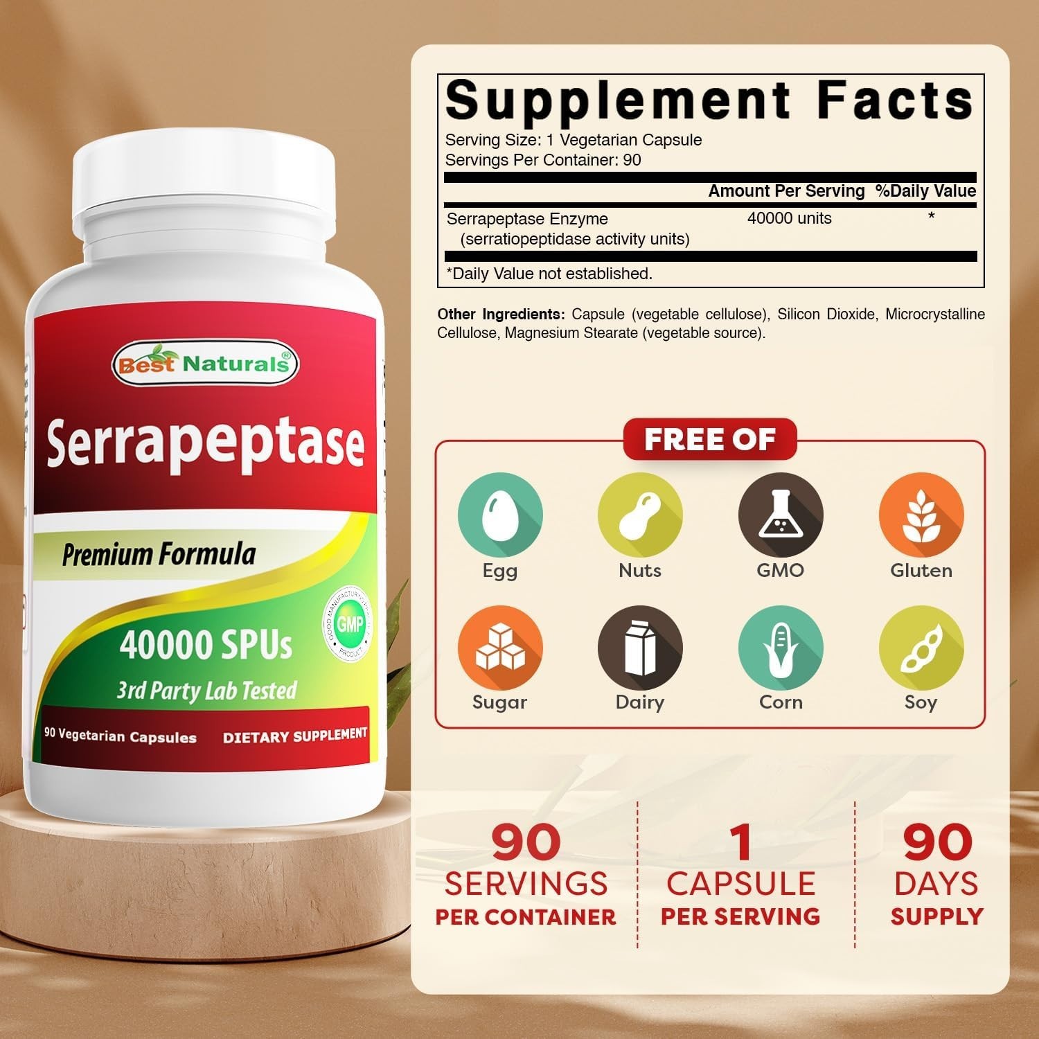 Serrapeptase 40,000 SPUs – Powerful Digestive Support, 90 Count per Bottle