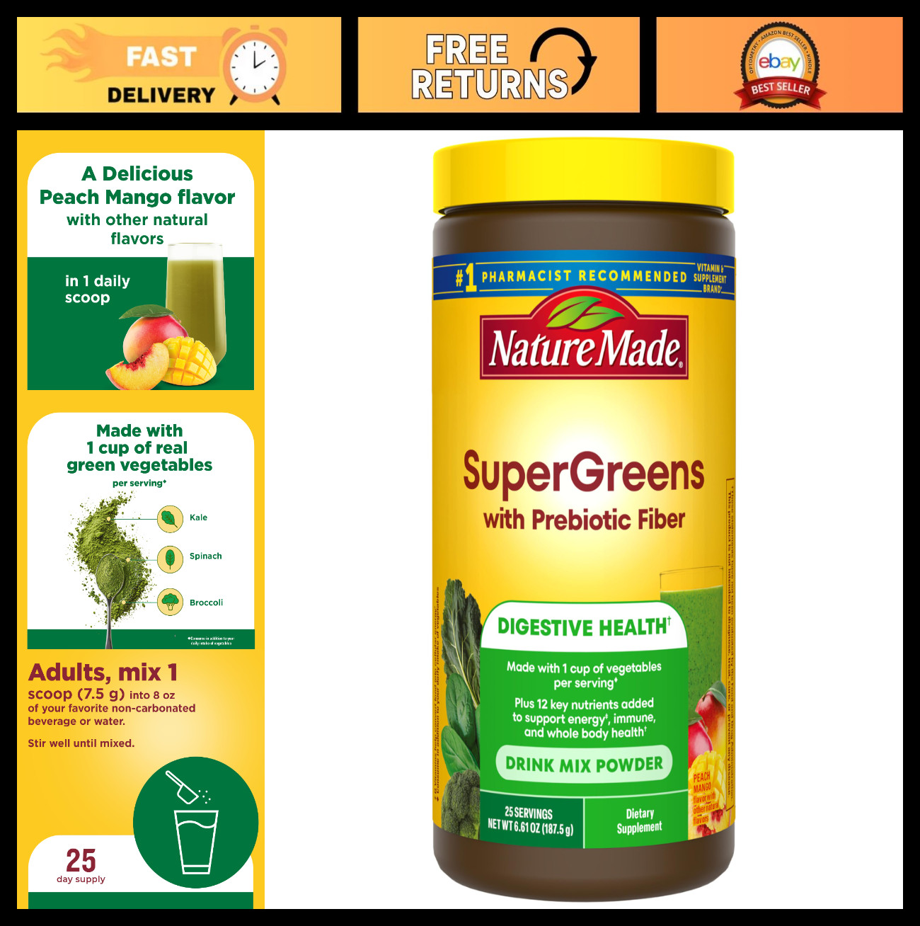 Super Greens Powder Drink Mix – Prebiotic Fiber, 1 Cup Veggies/Serving, Gluten F