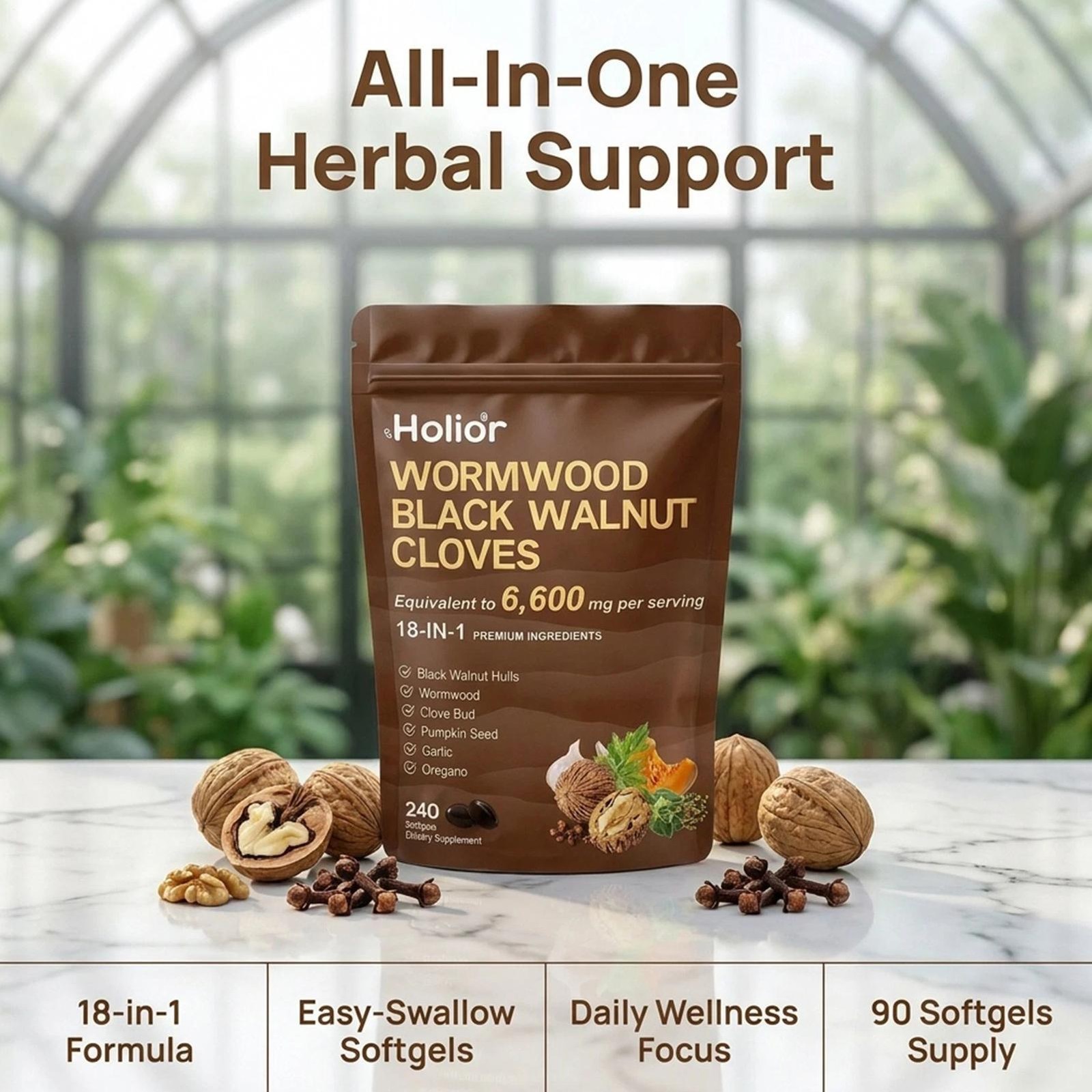 Holior Wormwood Black Walnut Clove Herbal Supplement 240 Softgels