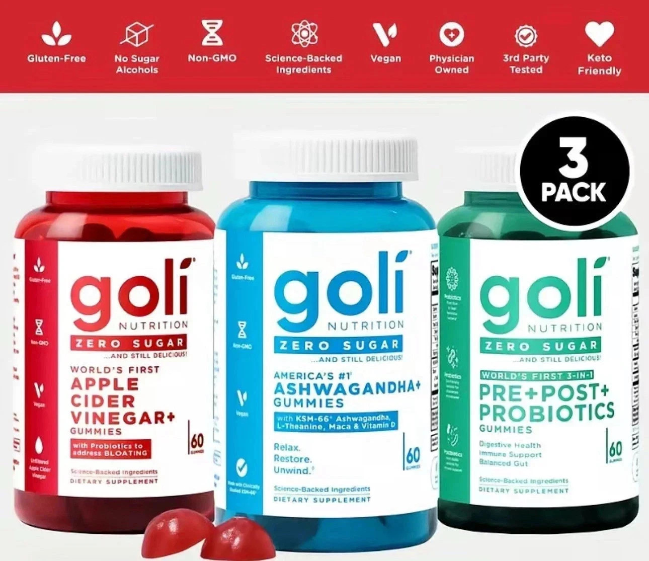 3 Bottles Goli Zero Sugar Best Seller Trio Set Gummies, 60 Counts Per Bottle