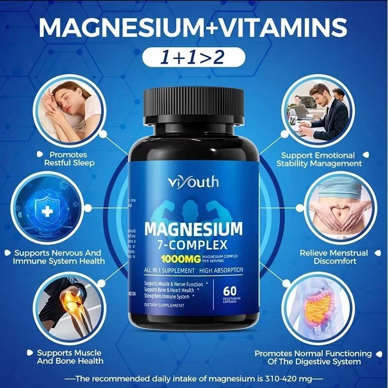 Viyouth Magnesium 7 Complex Capsules 60 Count Sleep Support Bone Health.